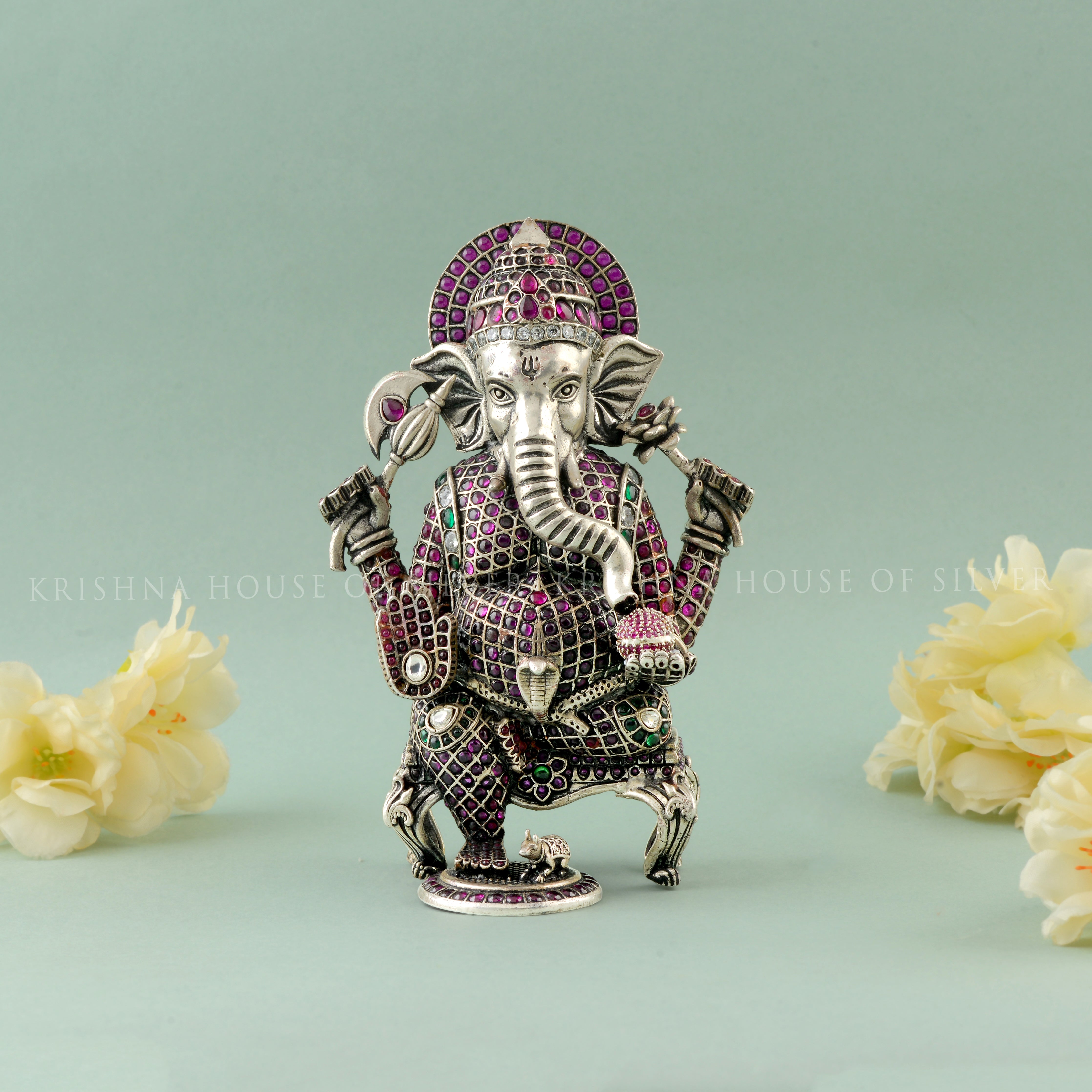 Silver Ganesha Idol with Gemstones - Seated & Detailed