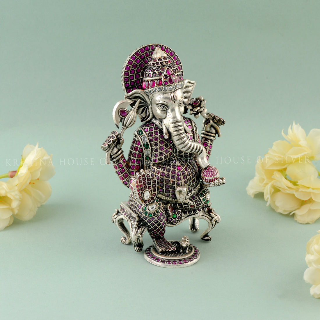 Silver Ganesha Idol with Gemstones - Seated & Detailed