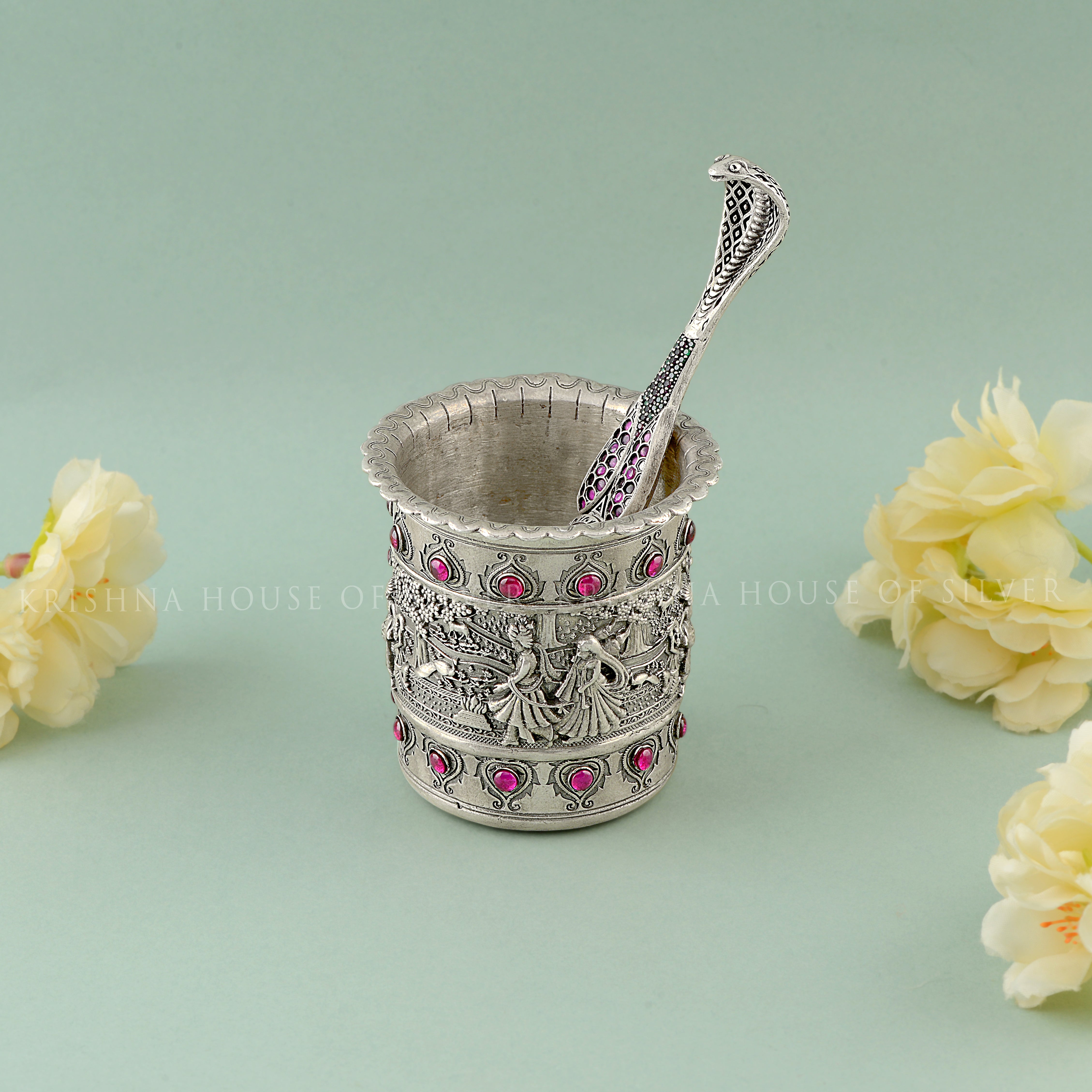 Silver Panchapatra Set - Intricate Stonework & Design