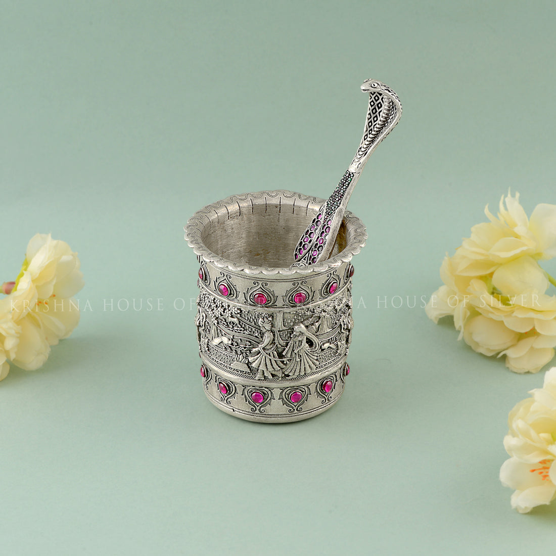 Silver Panchapatra Set - Intricate Stonework & Design