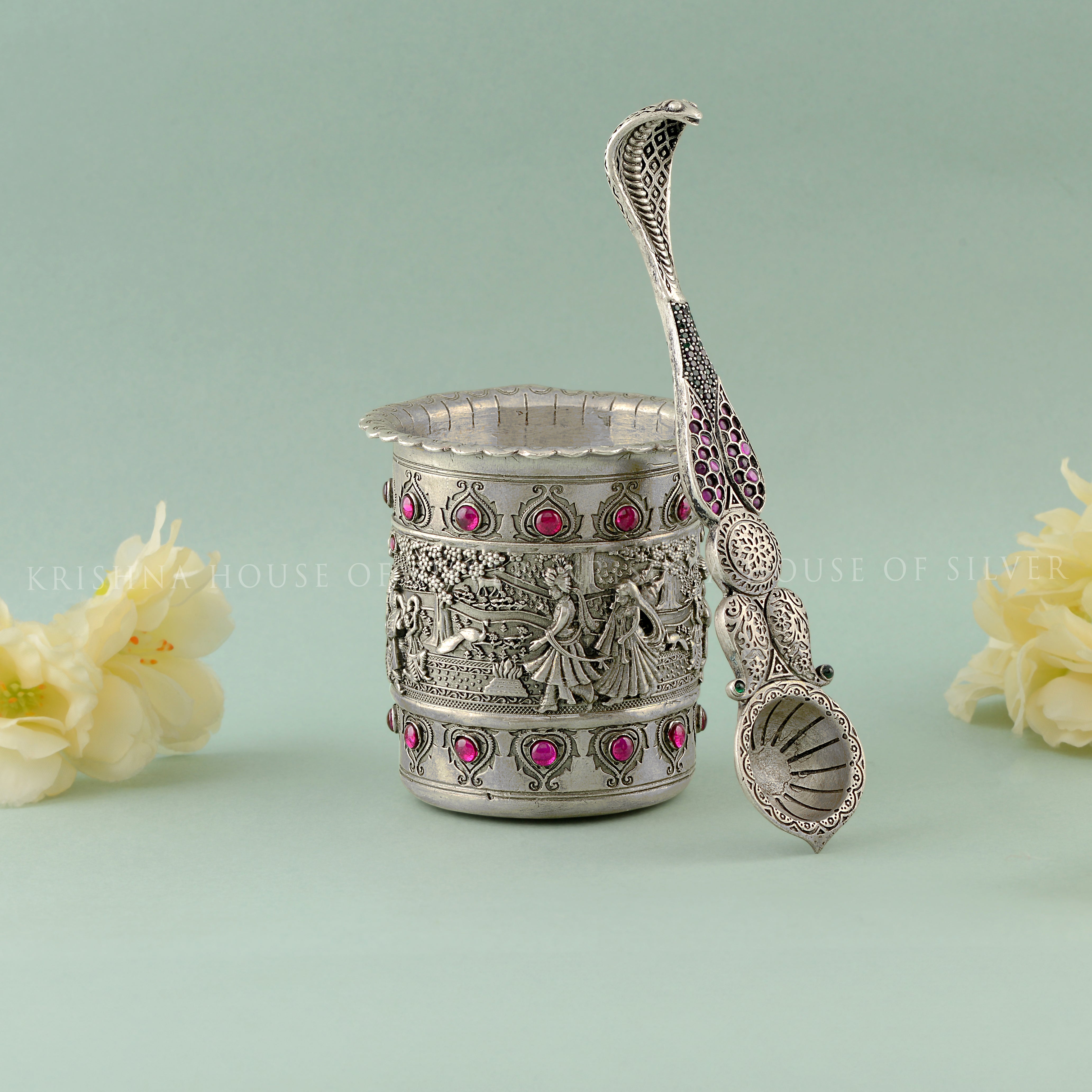 Silver Panchapatra Set - Intricate Stonework & Design