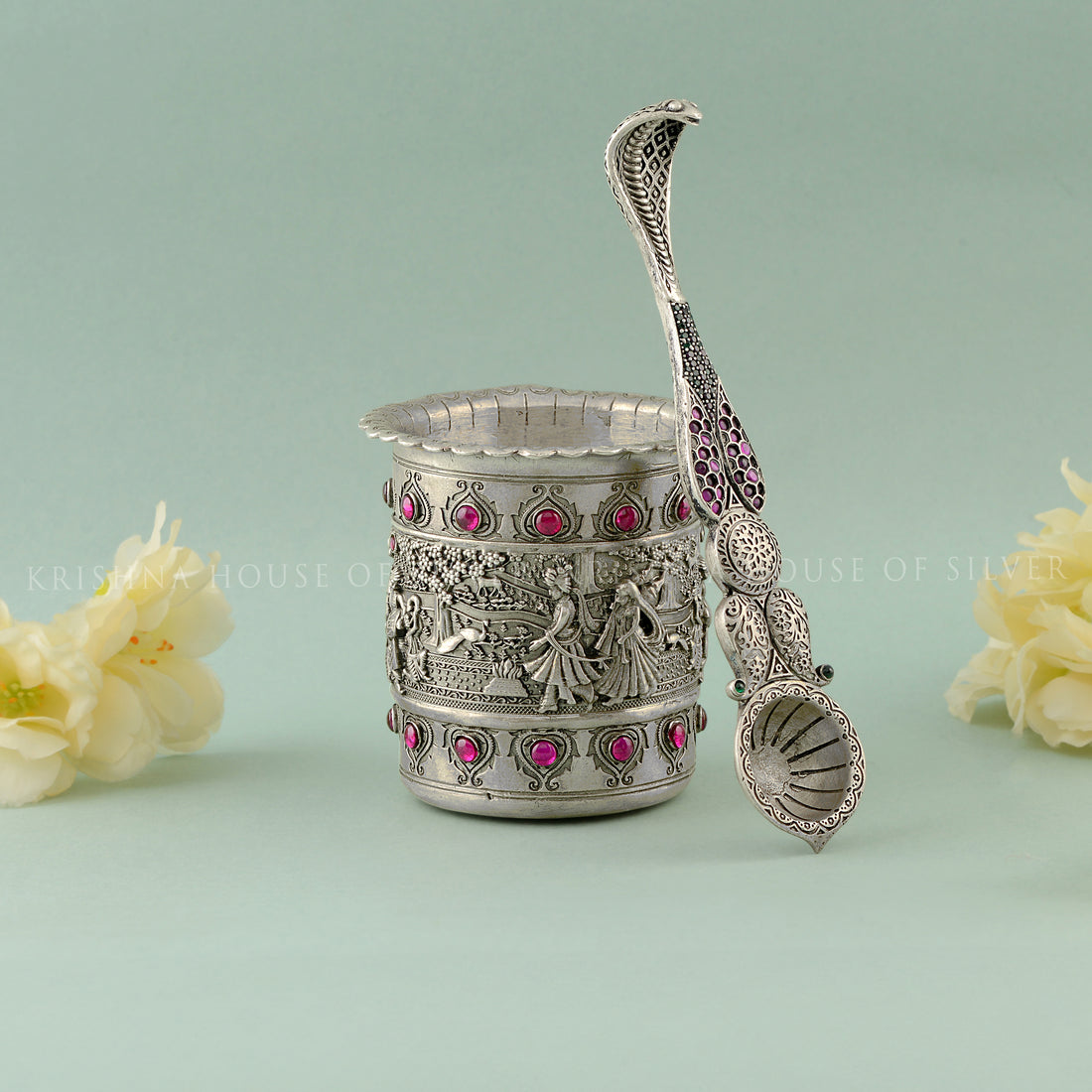 Silver Panchapatra Set - Intricate Stonework & Design