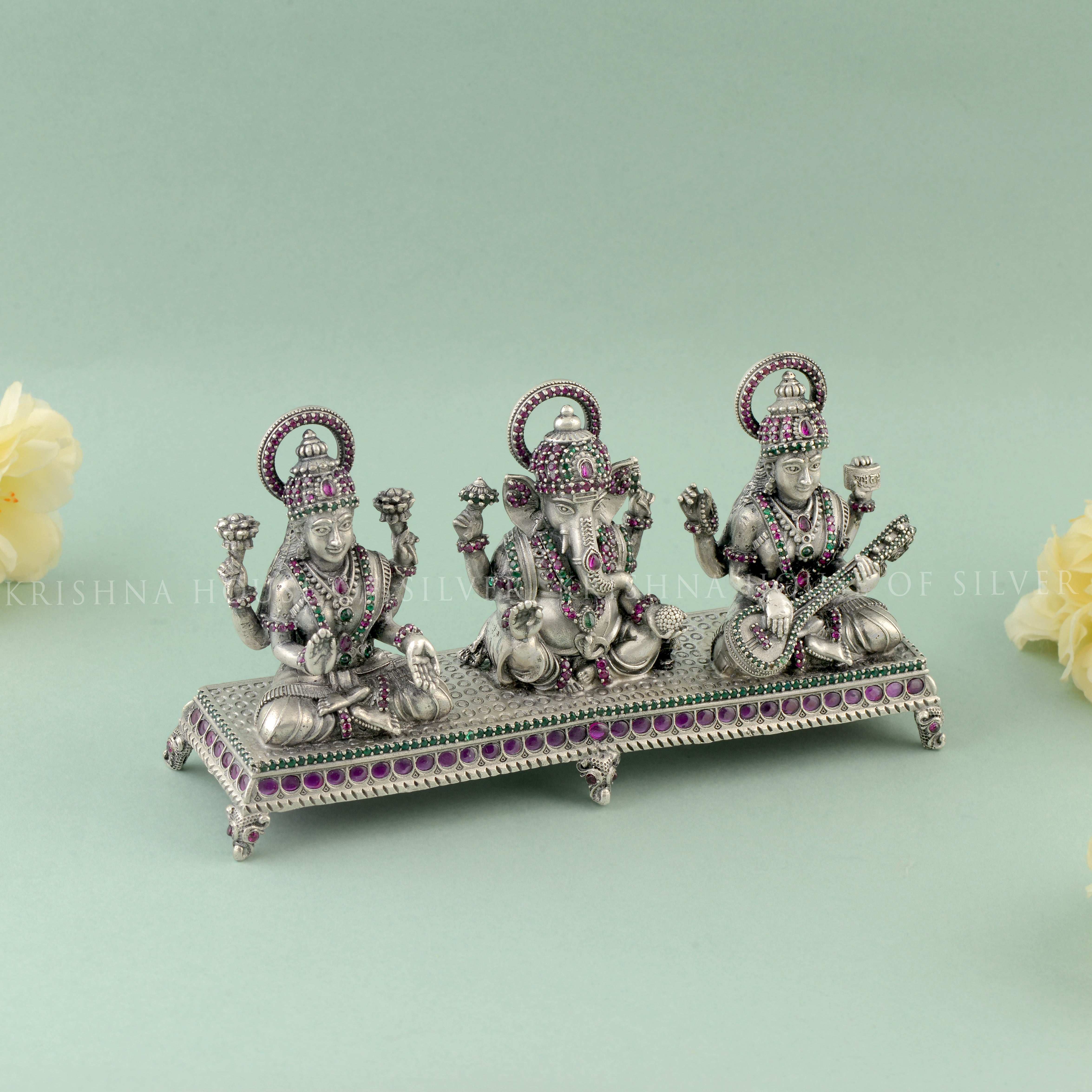 Silver Ganesh Saraswati Lakshmi - 3 Blessings Idol with Stone Detailing