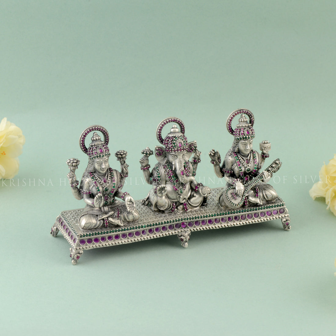 Silver Ganesh Saraswati Lakshmi - 3 Blessings Idol with Stone Detailing