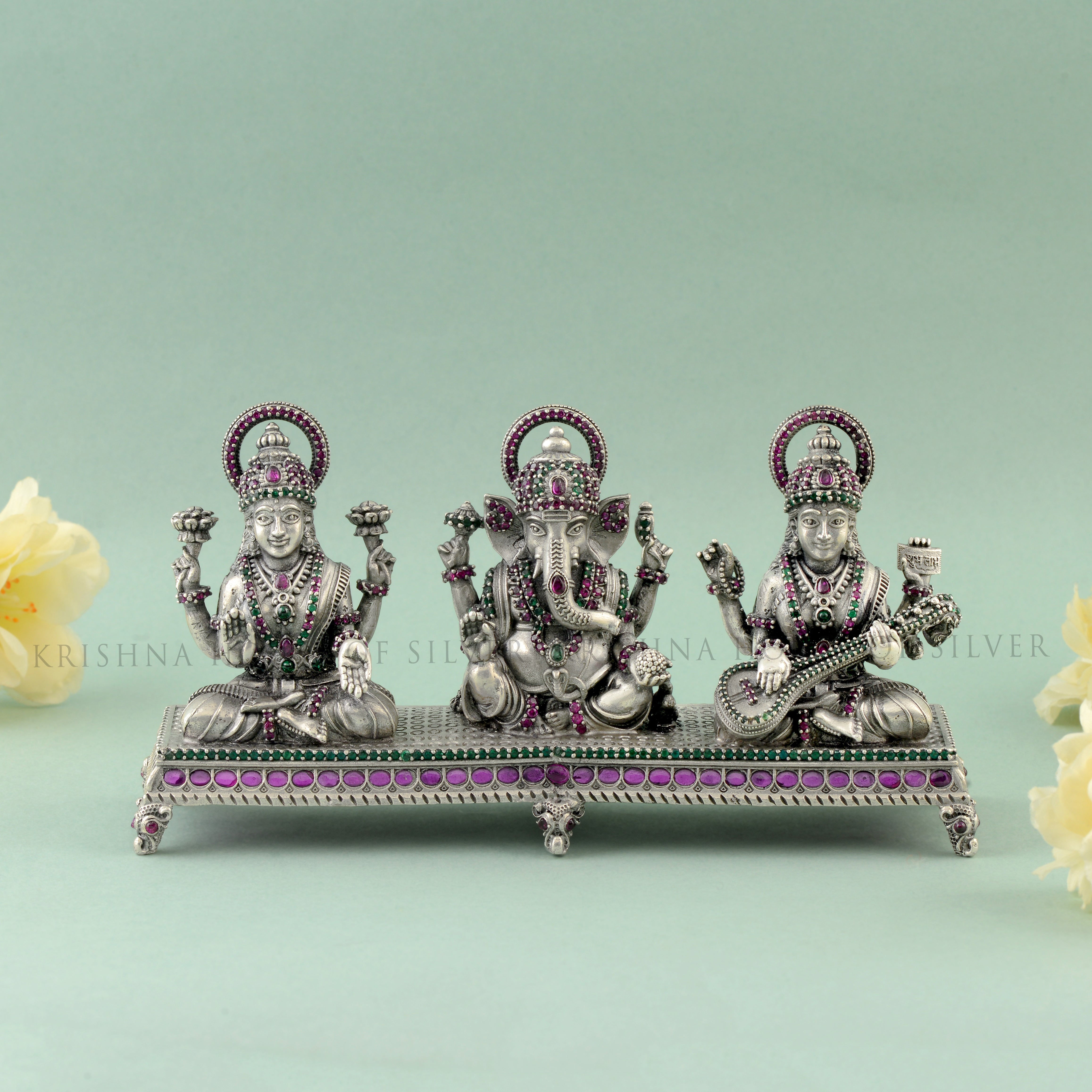 Silver Ganesh Saraswati Lakshmi - 3 Blessings Idol with Stone Detailing