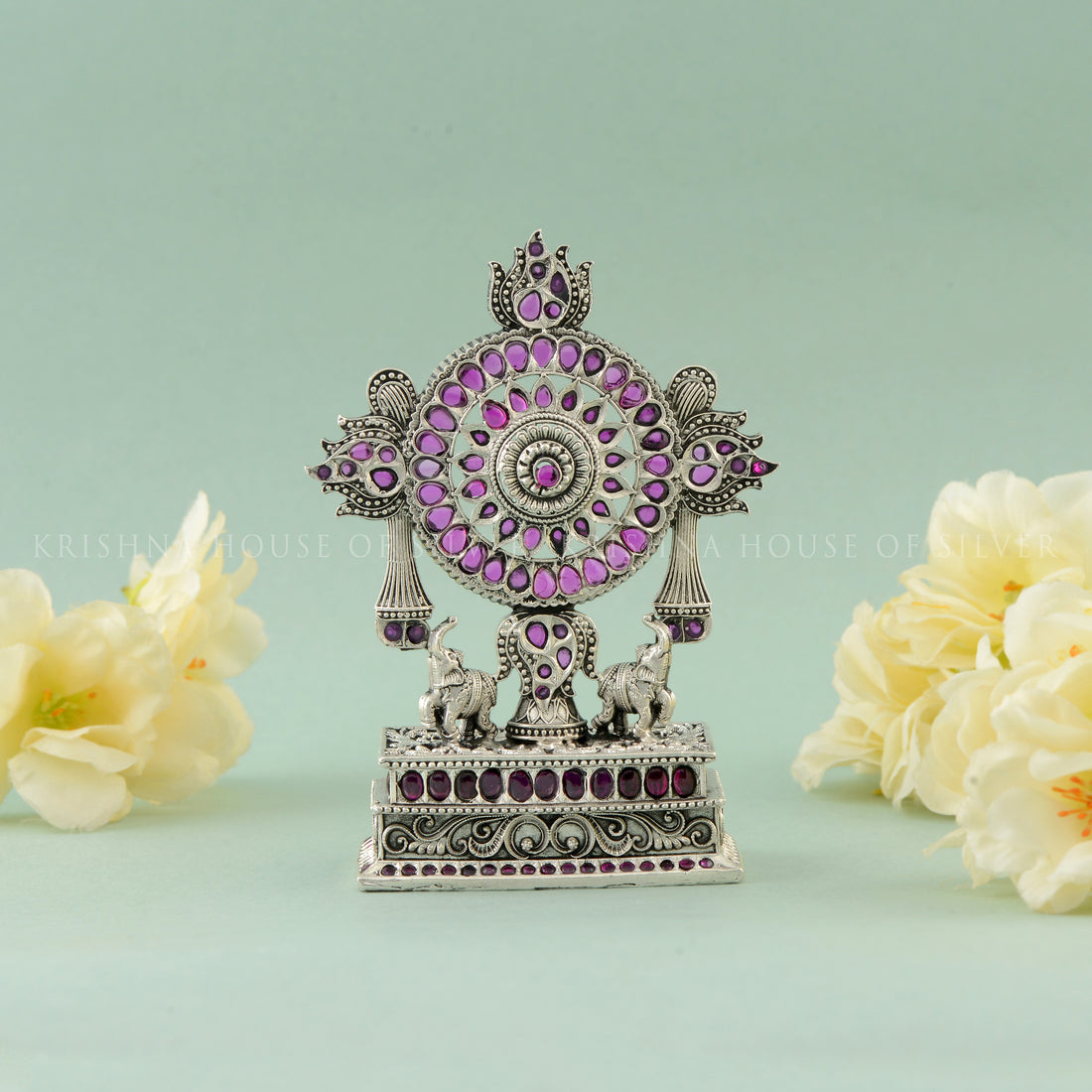 Rare Silver Chakra with Purple Stone Accents & Elephant Motifs