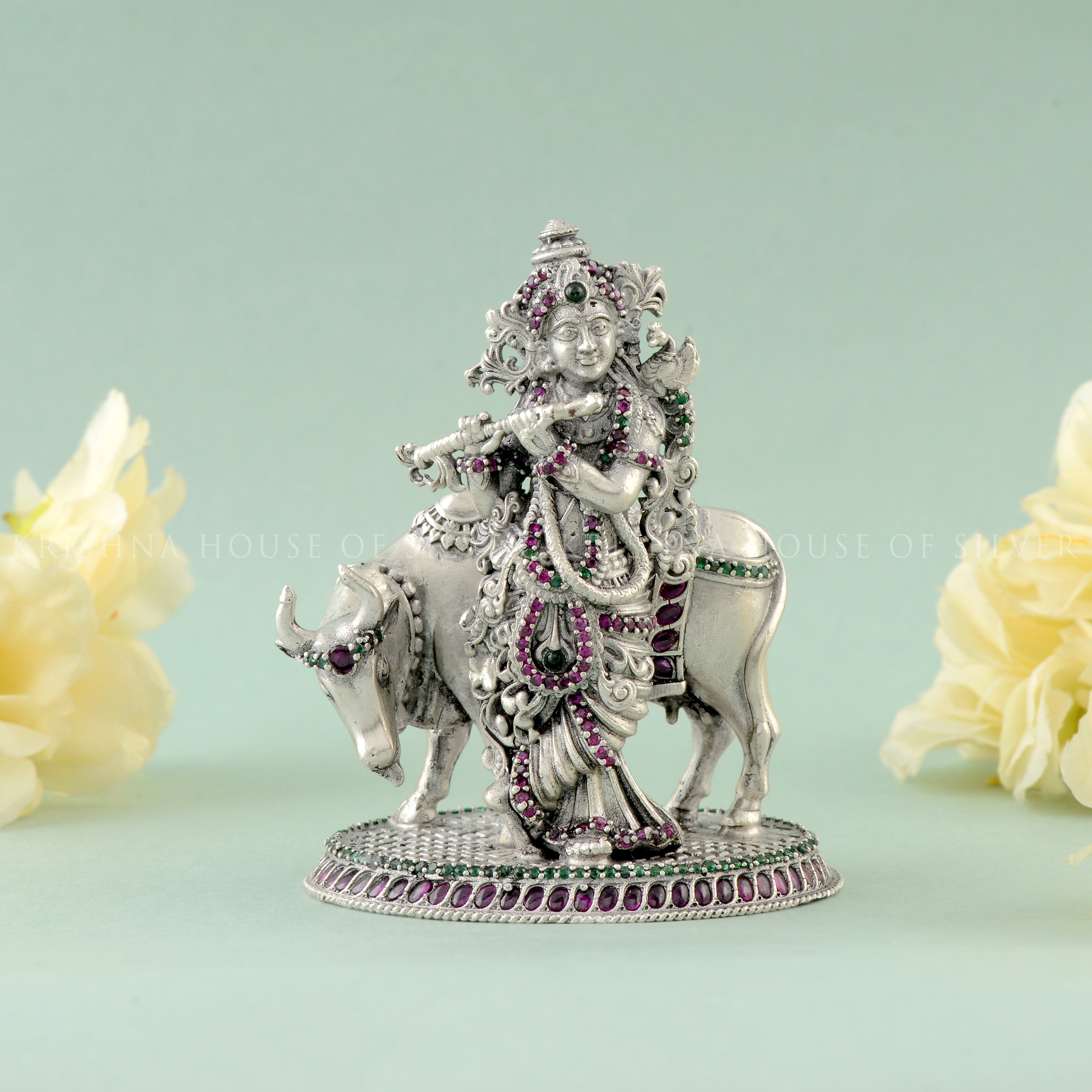 Divine Cow Krishna Idol in 92.5 Silver - With Gemstones