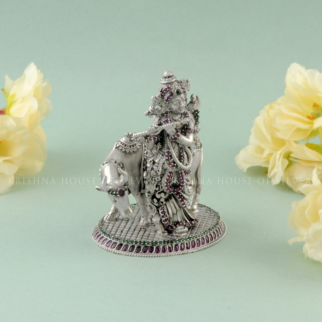 Divine Cow Krishna Idol in 92.5 Silver - With Gemstones