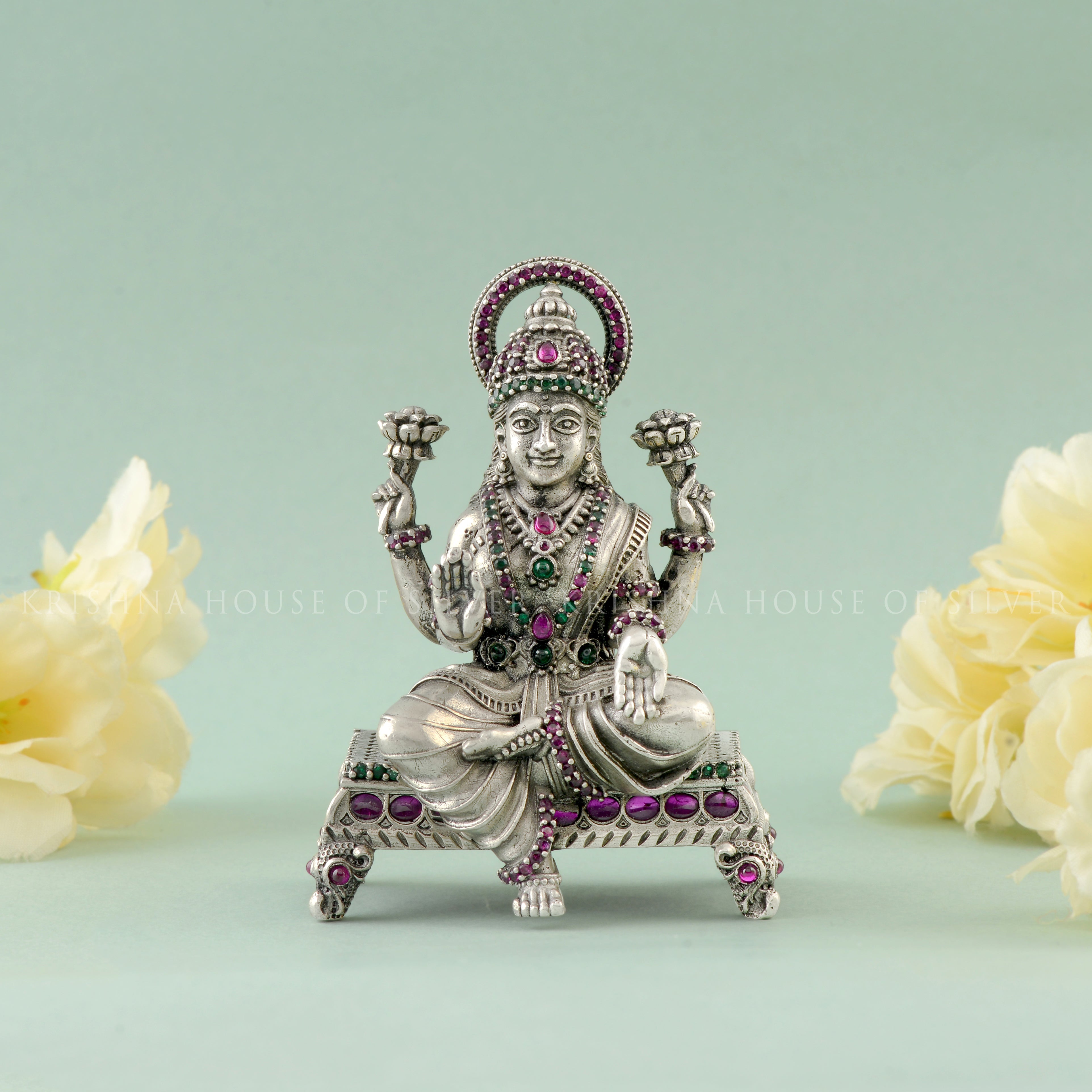 Gemstone Paata Lakshmi Statue - Silver Hindu Goddess