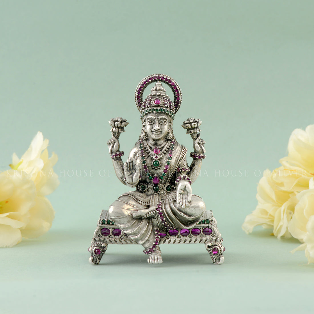 Gemstone Paata Lakshmi Statue - Silver Hindu Goddess