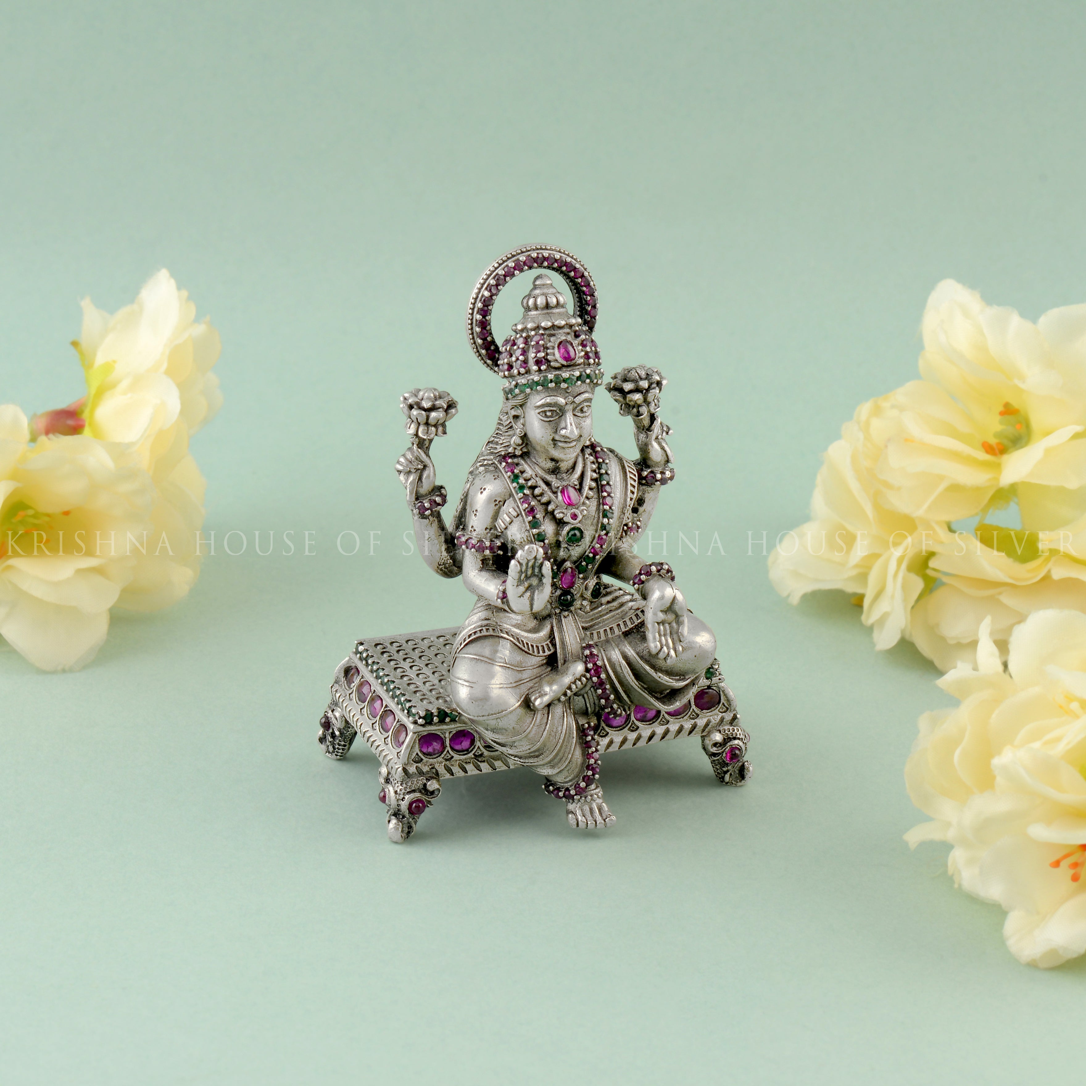 Gemstone Paata Lakshmi Statue - Silver Hindu Goddess