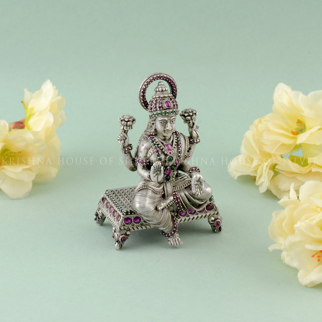 Gemstone Paata Lakshmi Statue - Silver Hindu Goddess