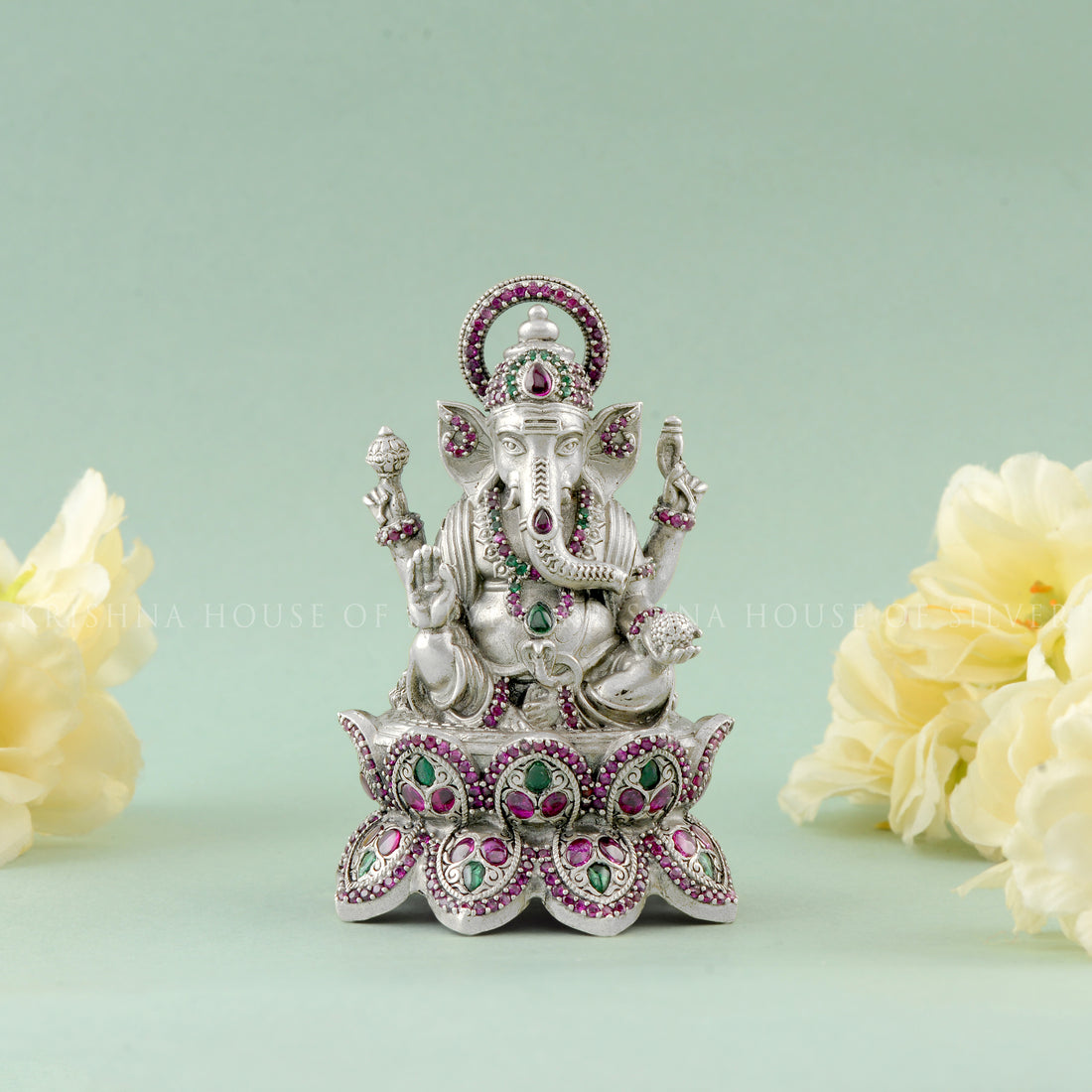 Antique Finish Silver Lotus Ganesh with Stone Details