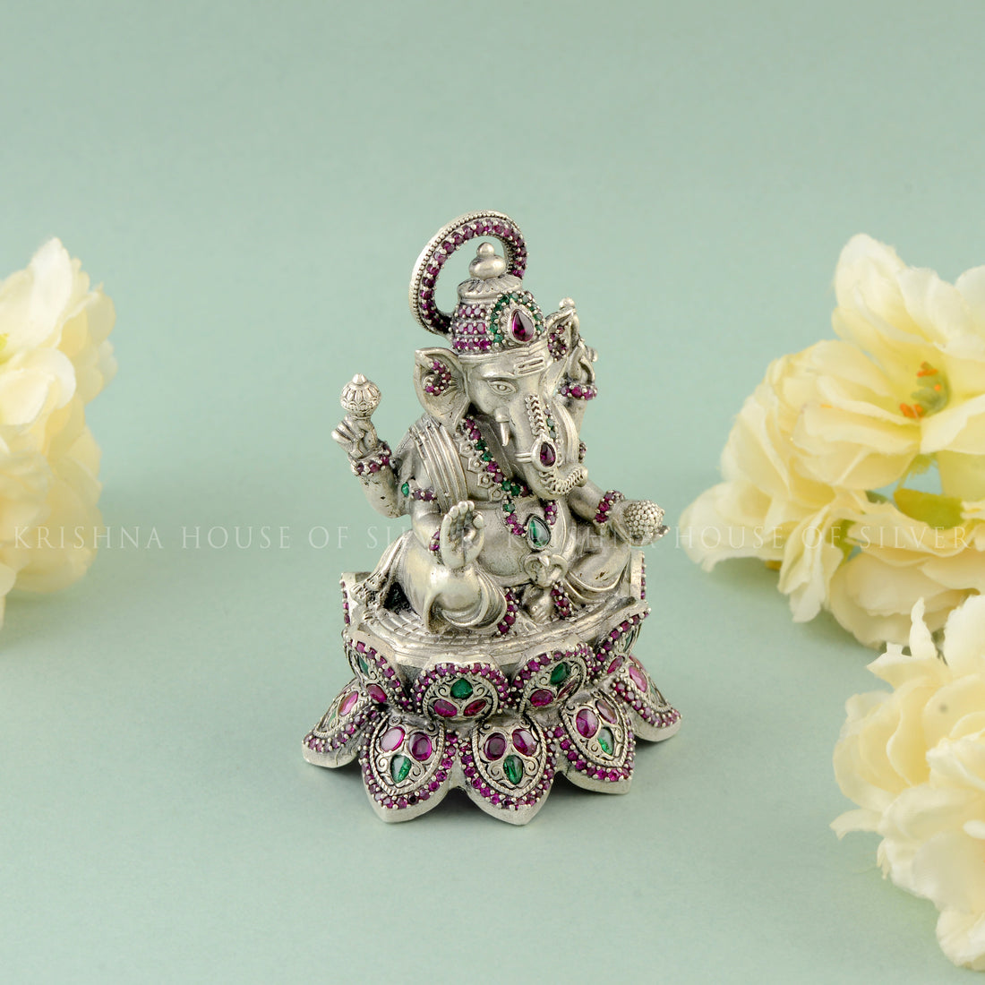 Antique Finish Silver Lotus Ganesh with Stone Details
