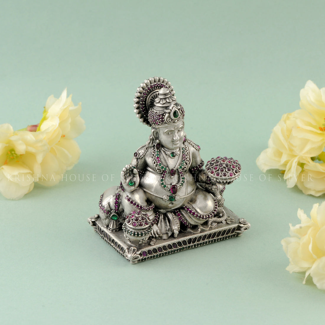 92.5 Silver Kuber Idol - Seated Pose with Money Pot with stones