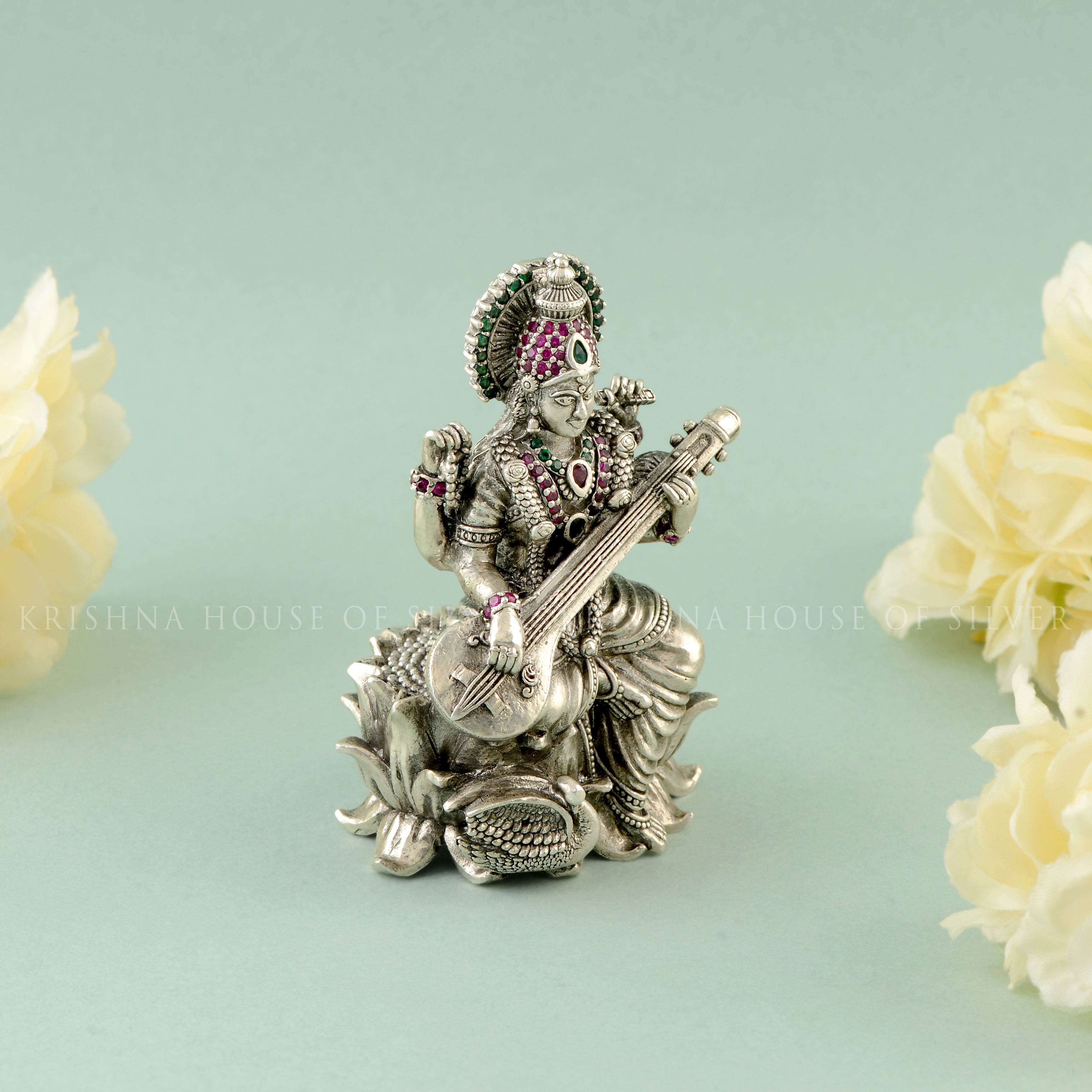 Antique Saraswati Idol in Silver - Krishna House Of Silver