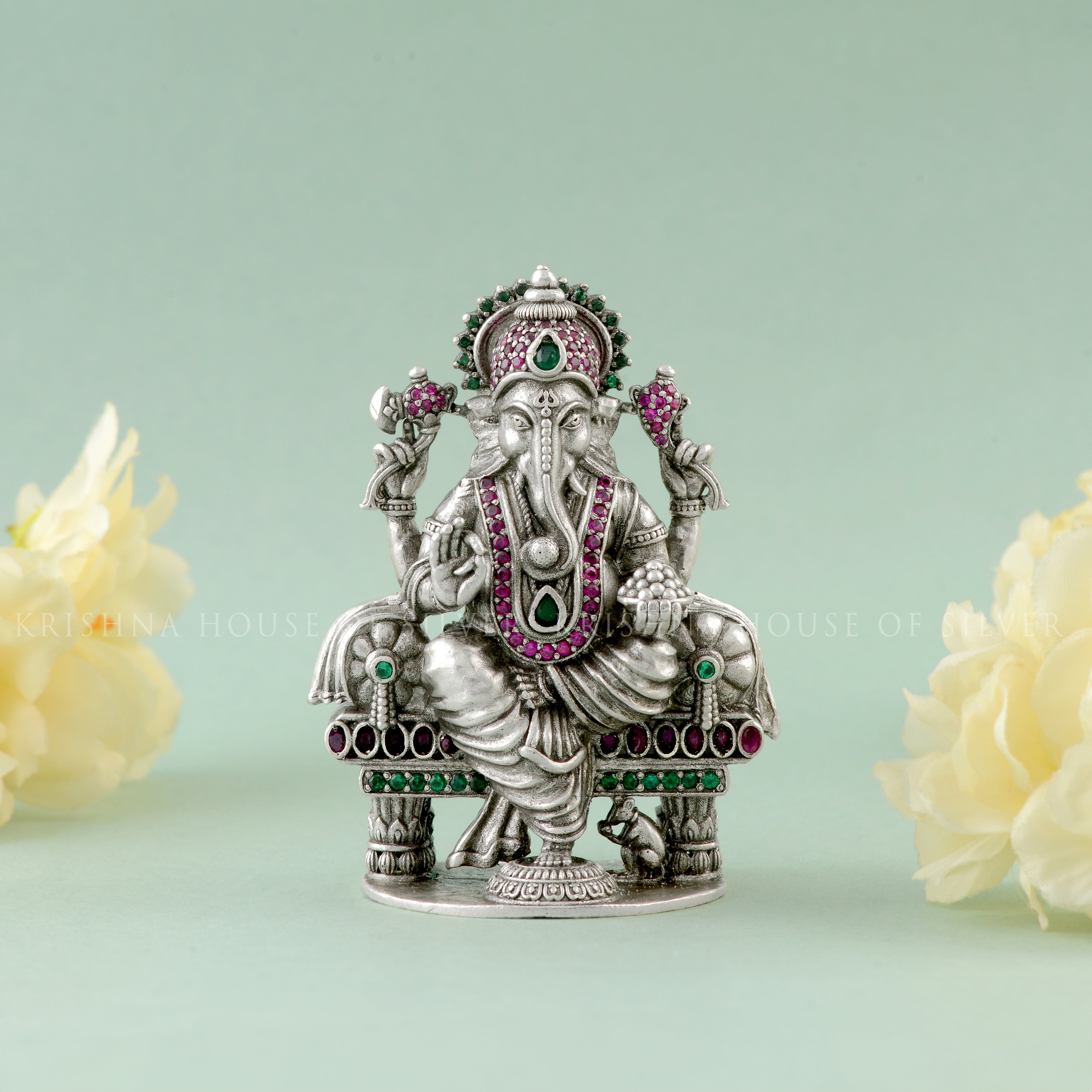 Silver Ganesh Idol with Gemstones for Prosperity & Luck - Krishna House Of Silver