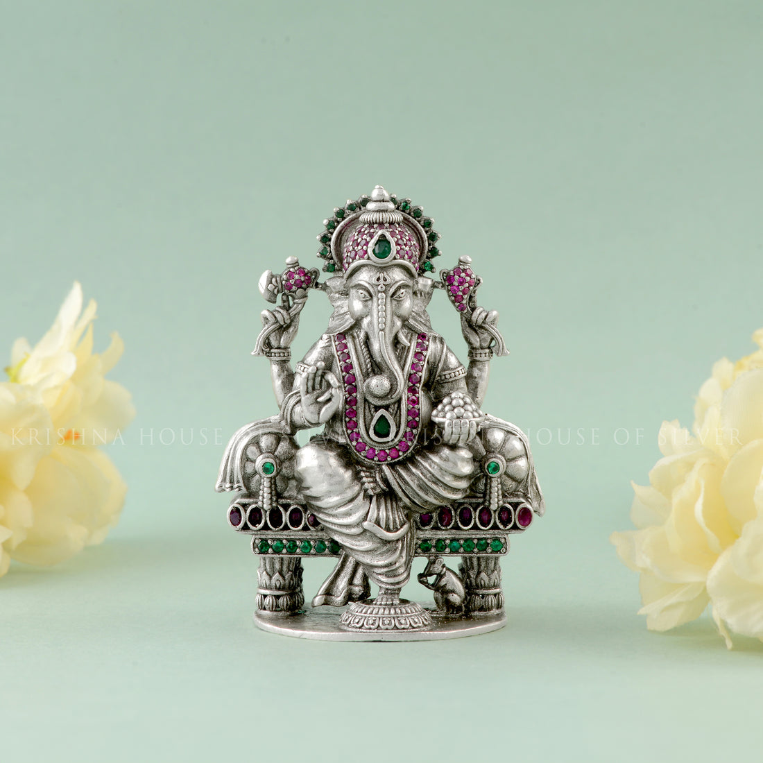 Silver Ganesh Idol with Gemstones for Prosperity & Luck - Krishna House Of Silver