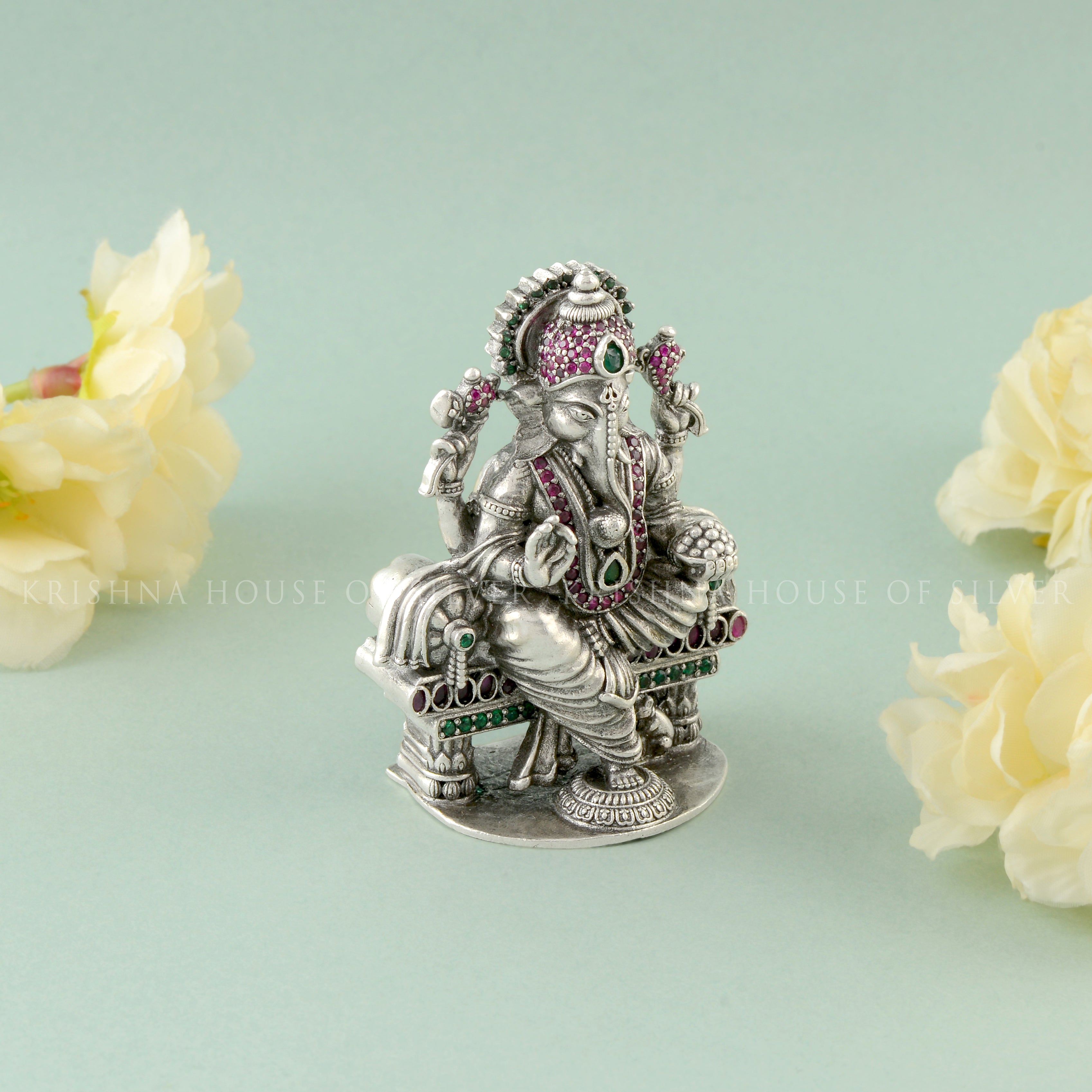 Silver Ganesh Idol with Gemstones for Prosperity & Luck - Krishna House Of Silver