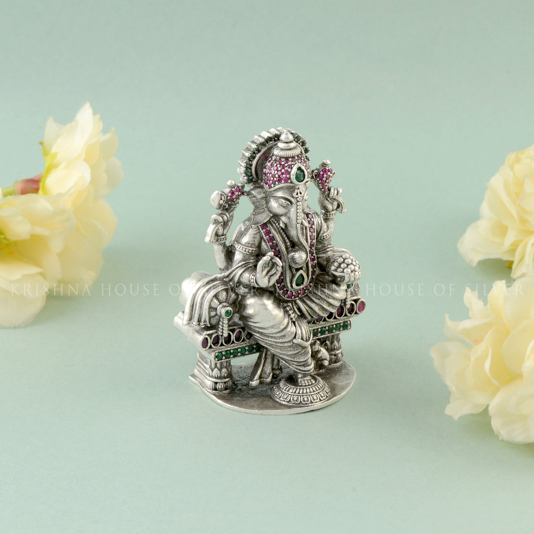 Silver Ganesh Idol with Gemstones for Prosperity & Luck - Krishna House Of Silver