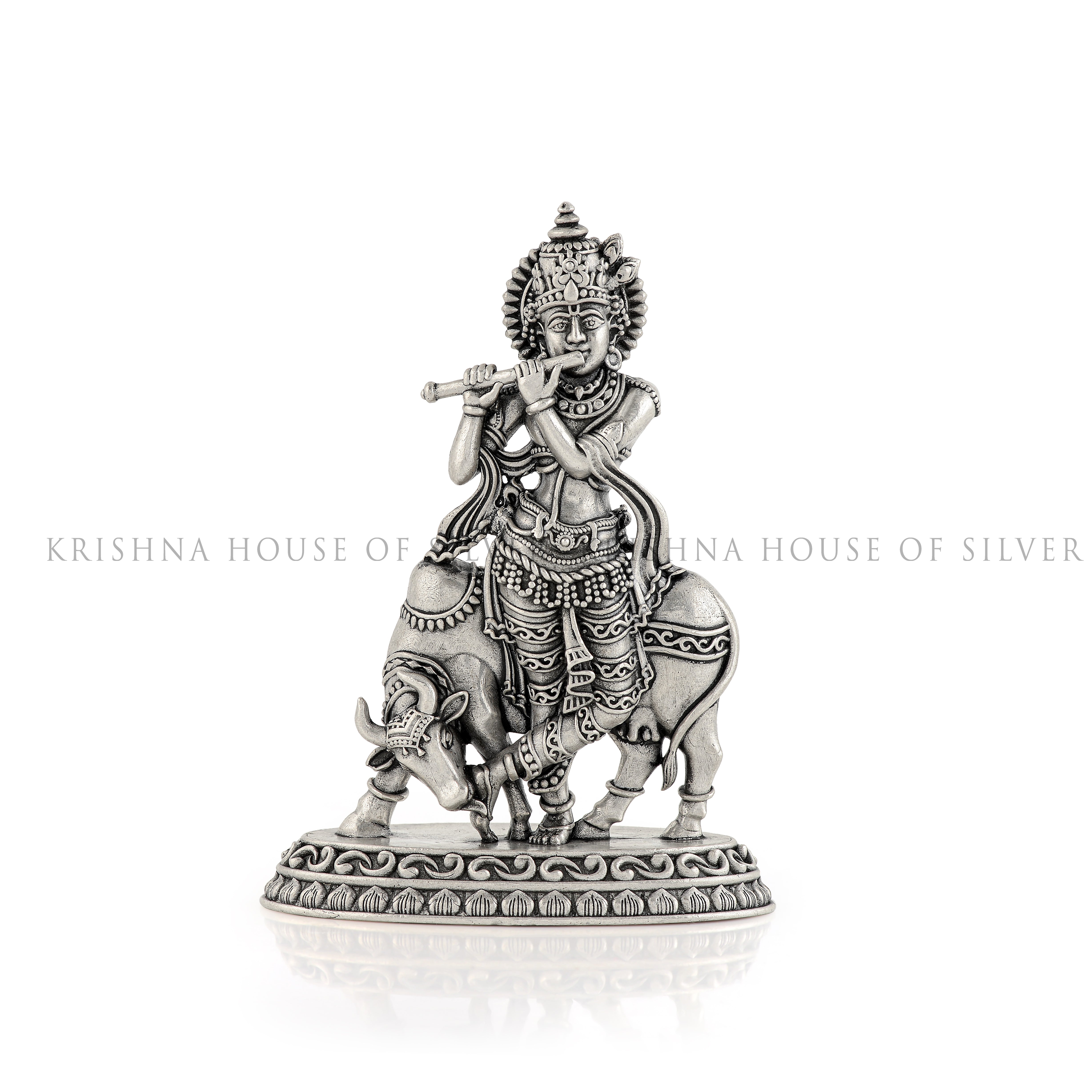 Silver Bala Krishna Statue - Cow, Home Temple