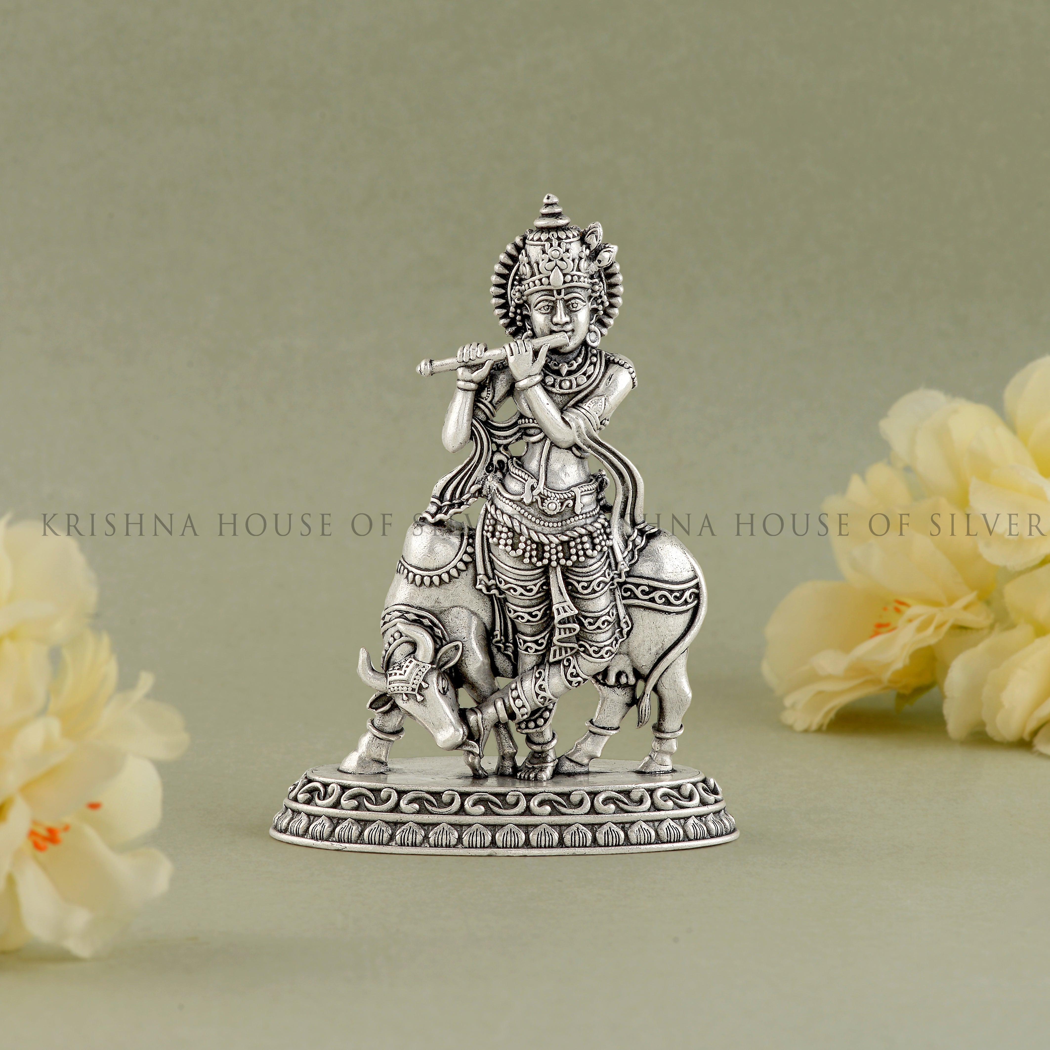 Silver Bala Krishna Statue - Cow, Home Temple