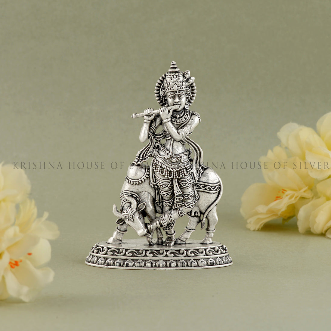 Silver Bala Krishna Statue - Cow, Home Temple