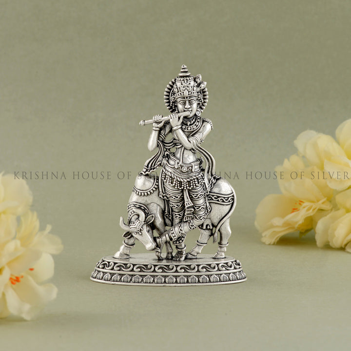 Silver Bala Krishna Statue - Cow, Home Temple