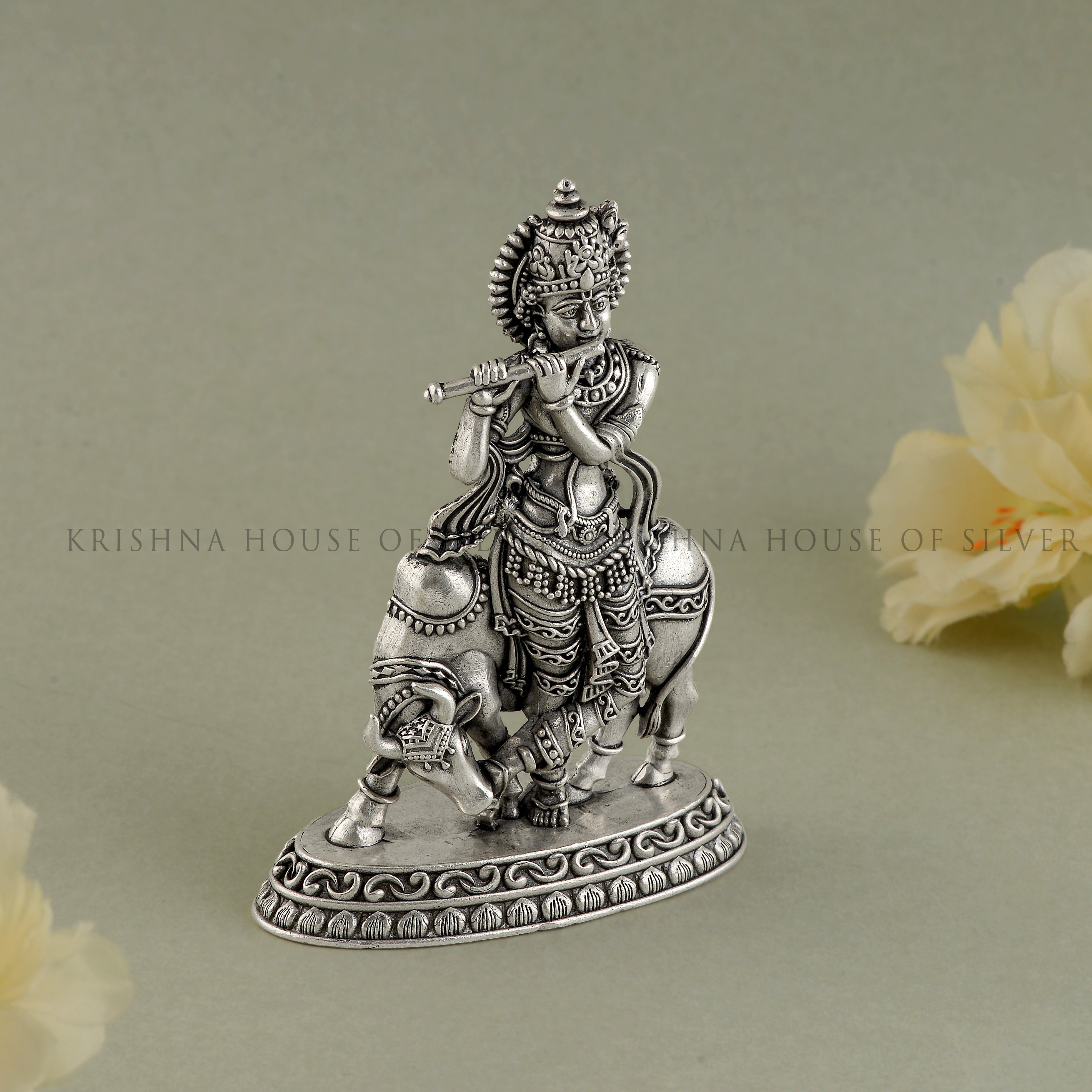 Silver Bala Krishna Statue - Cow, Home Temple