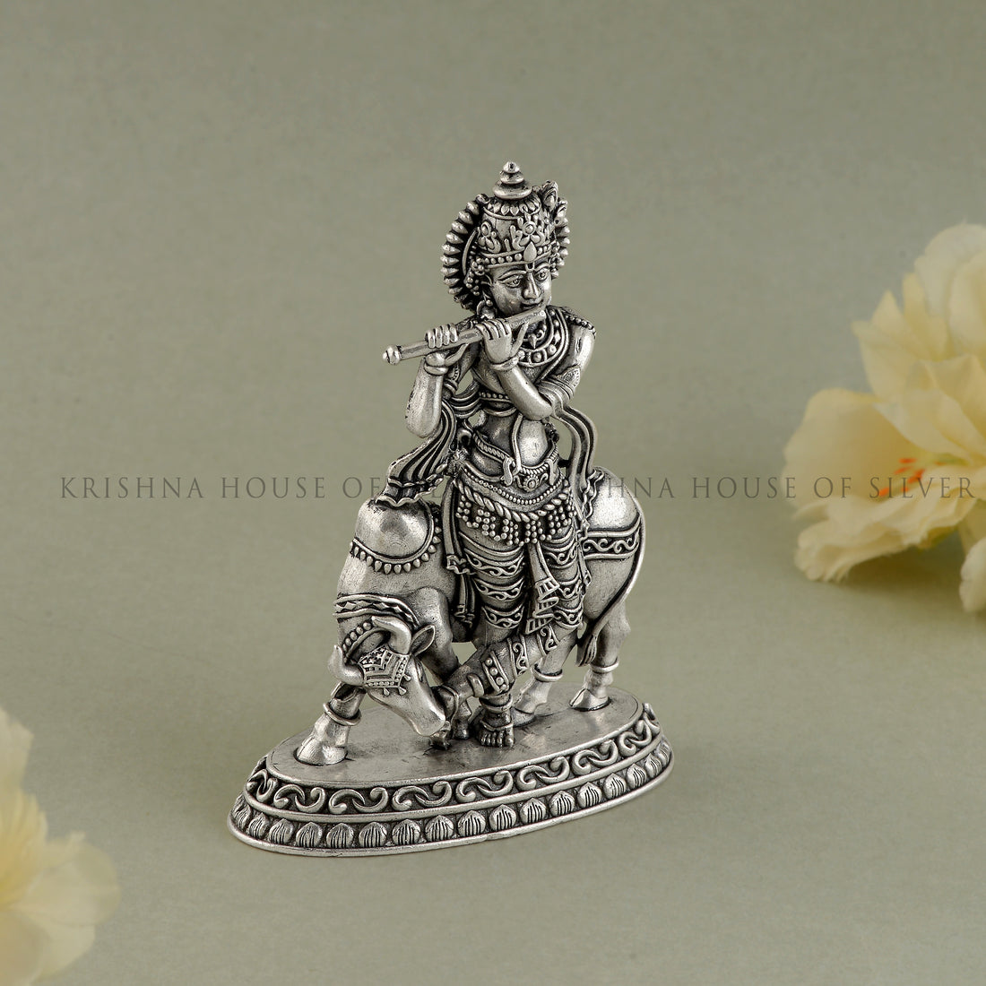 Silver Bala Krishna Statue - Cow, Home Temple