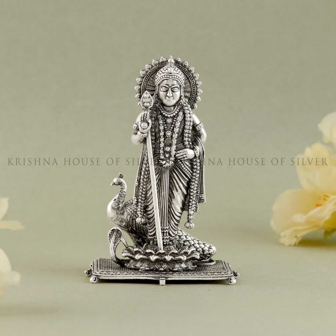 Lord Murugan in Silver with Peacock and Snake