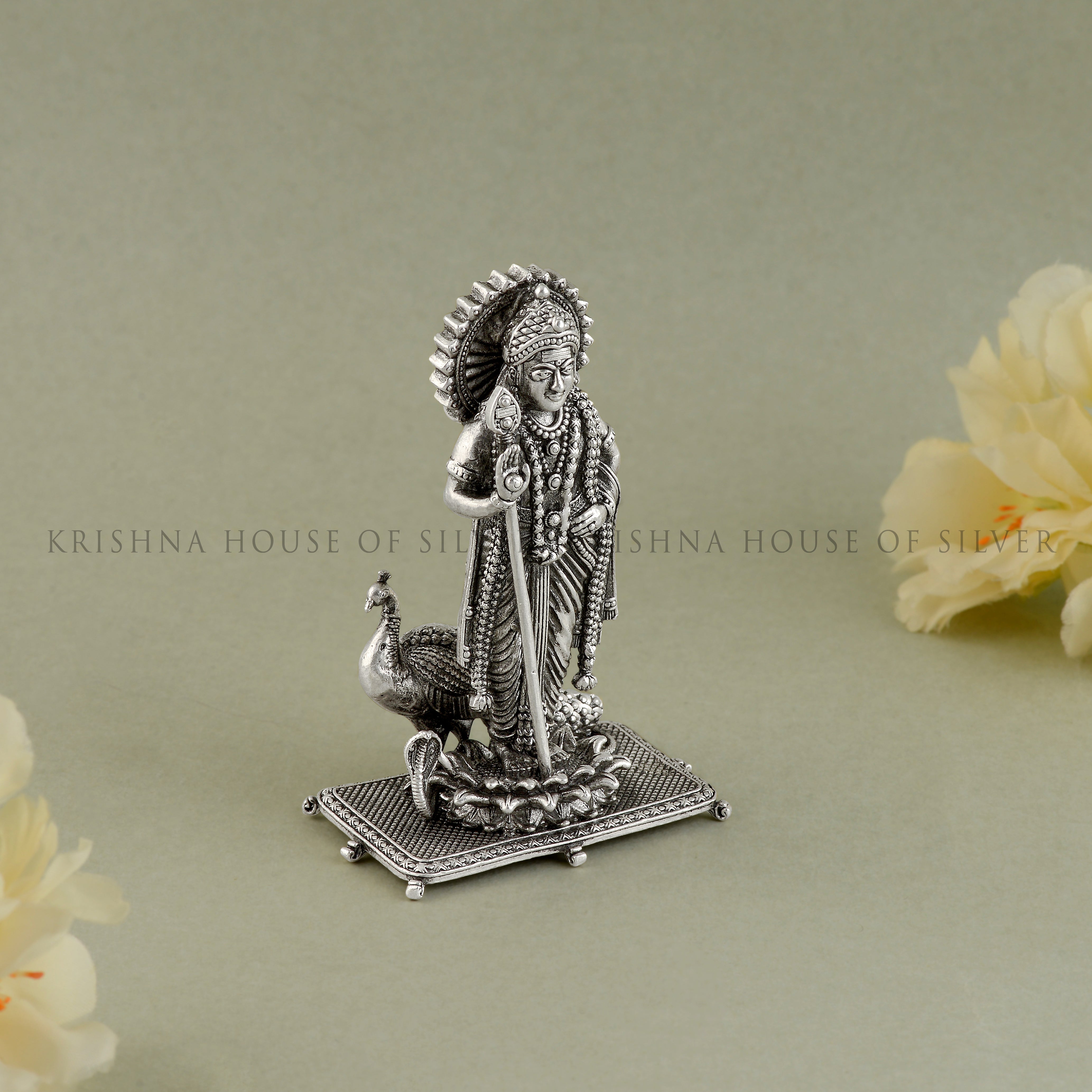 Lord Murugan in Silver with Peacock and Snake