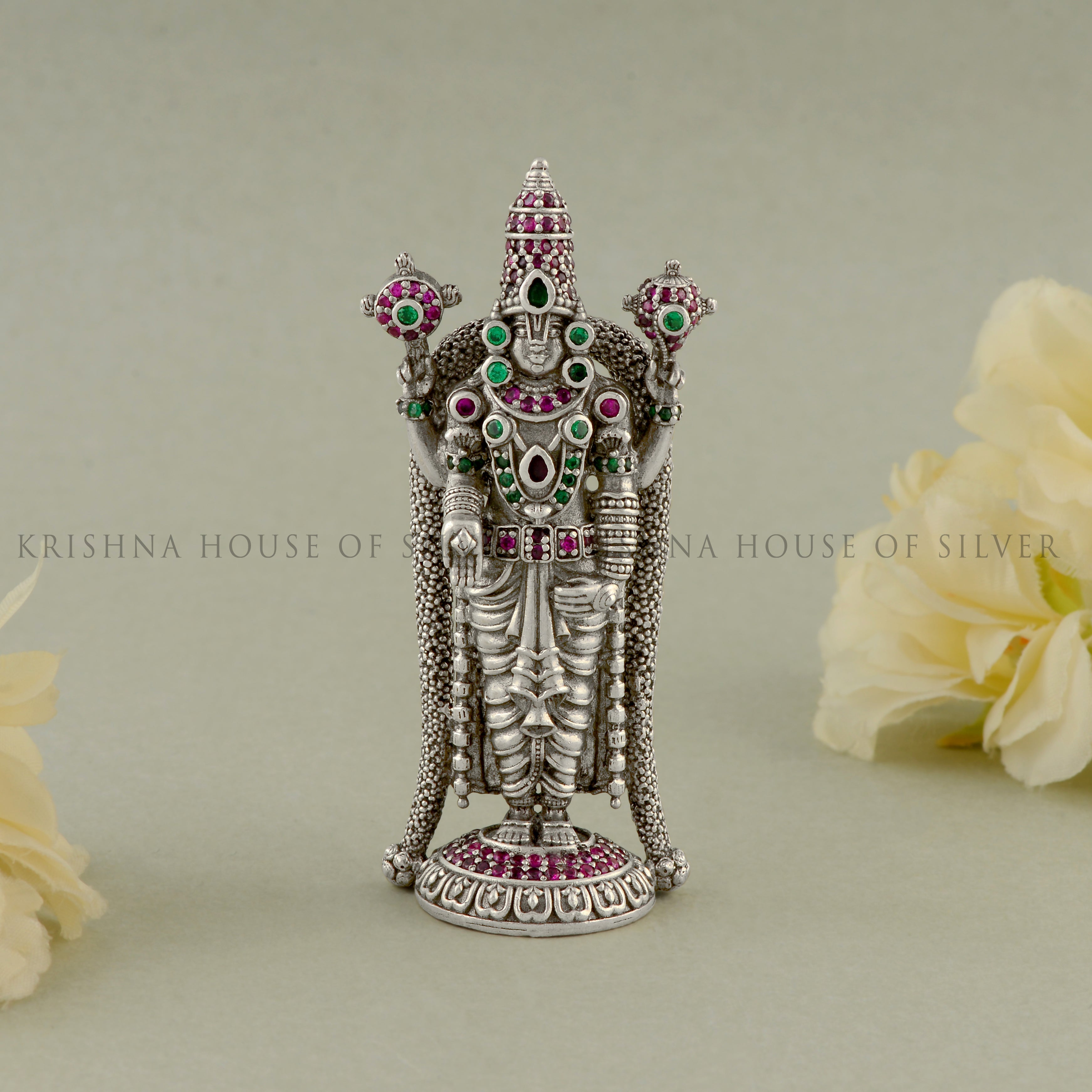 Antique Silver Tirupati Balaji Idol - With Beautiful Stone work