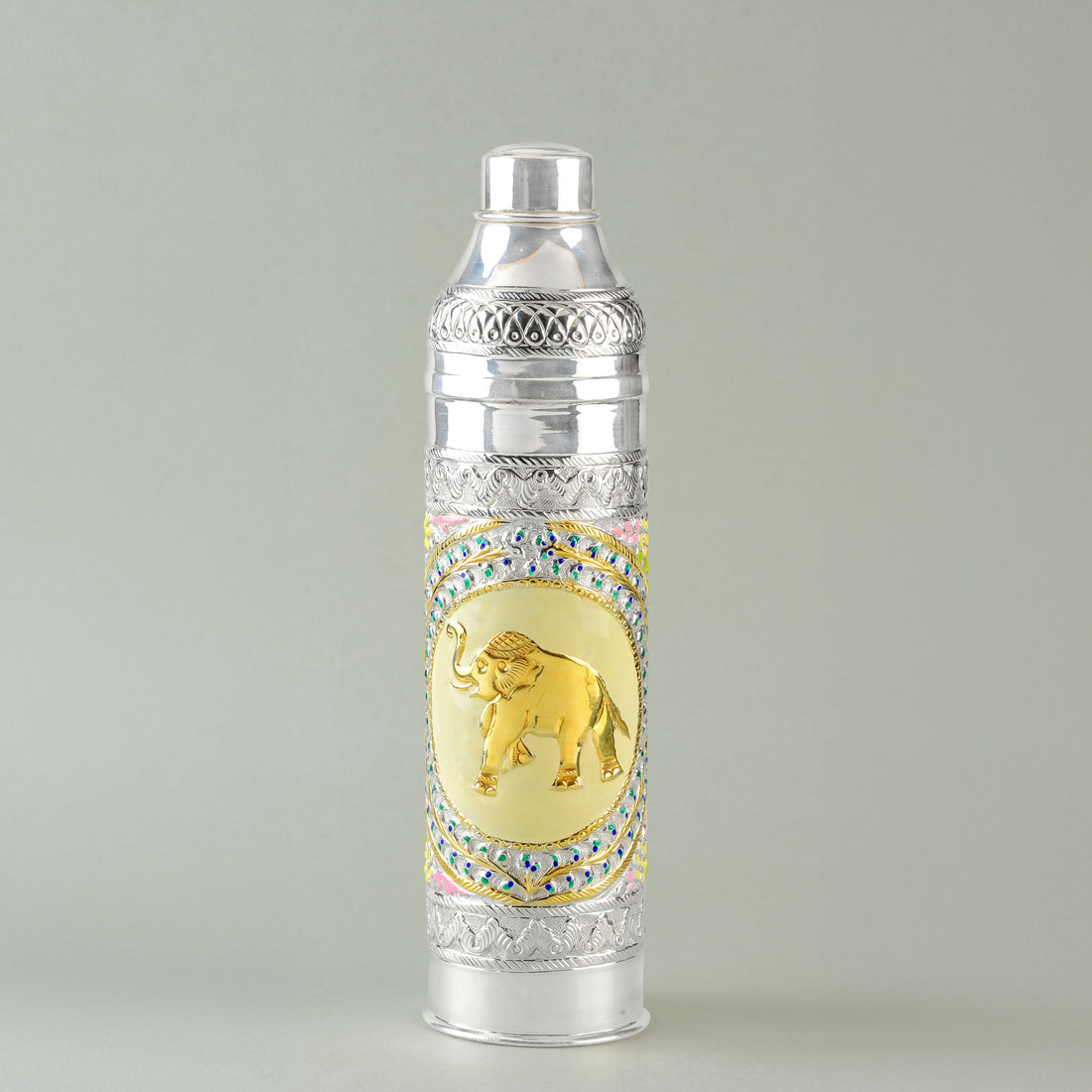 Elephant and Floral Crafted Silver Water Bottle - Krishna Jewellers Pearls and Gems