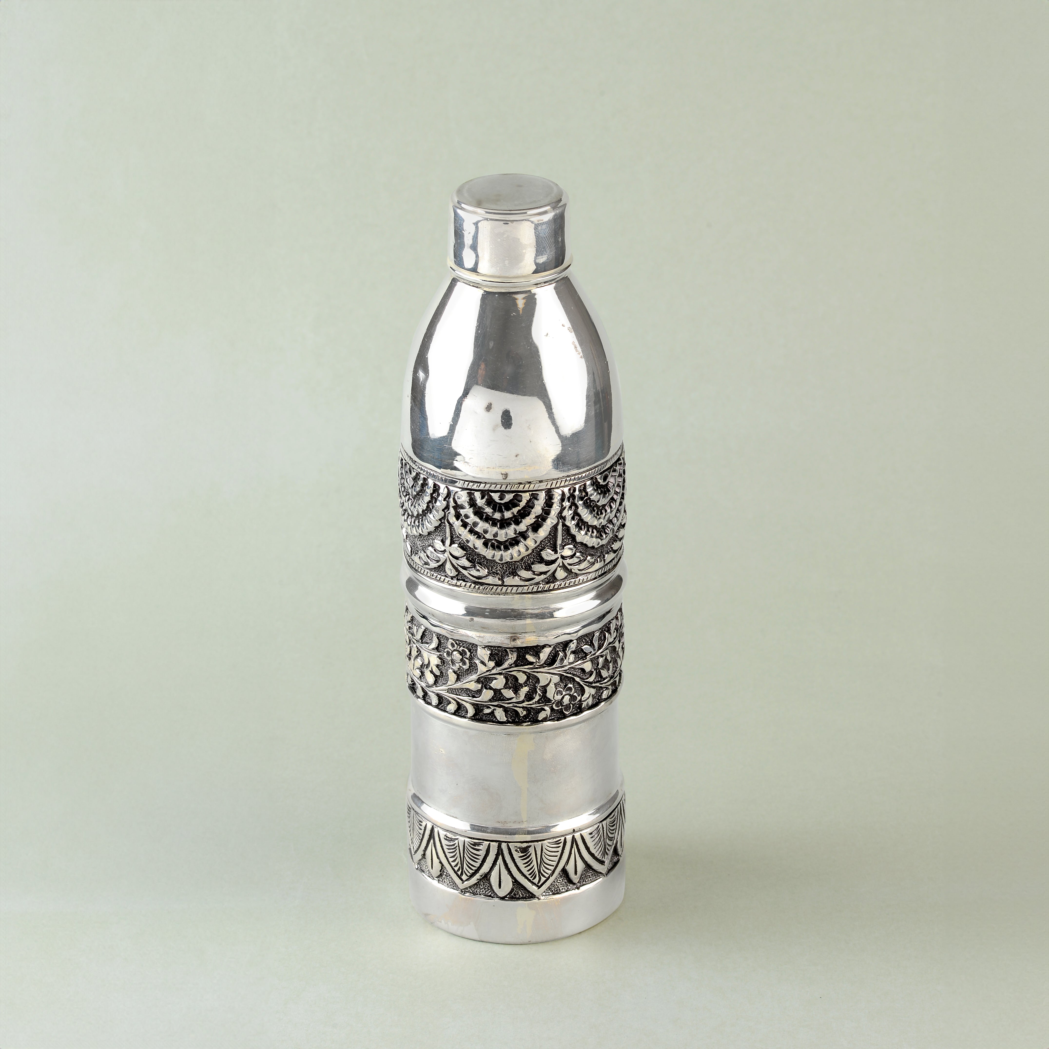 Silver Water Bottle with Leaf and Floral Design - Krishna Jewellers Pearls and Gems