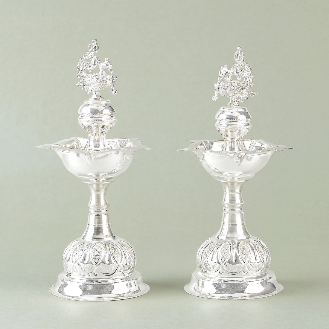 Silver Deepam with Peacock Motif