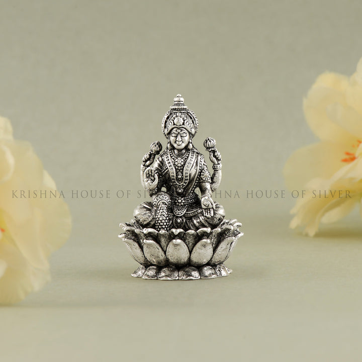 Silver Lakshmi Idol on Lotus - Goddess of Wealth