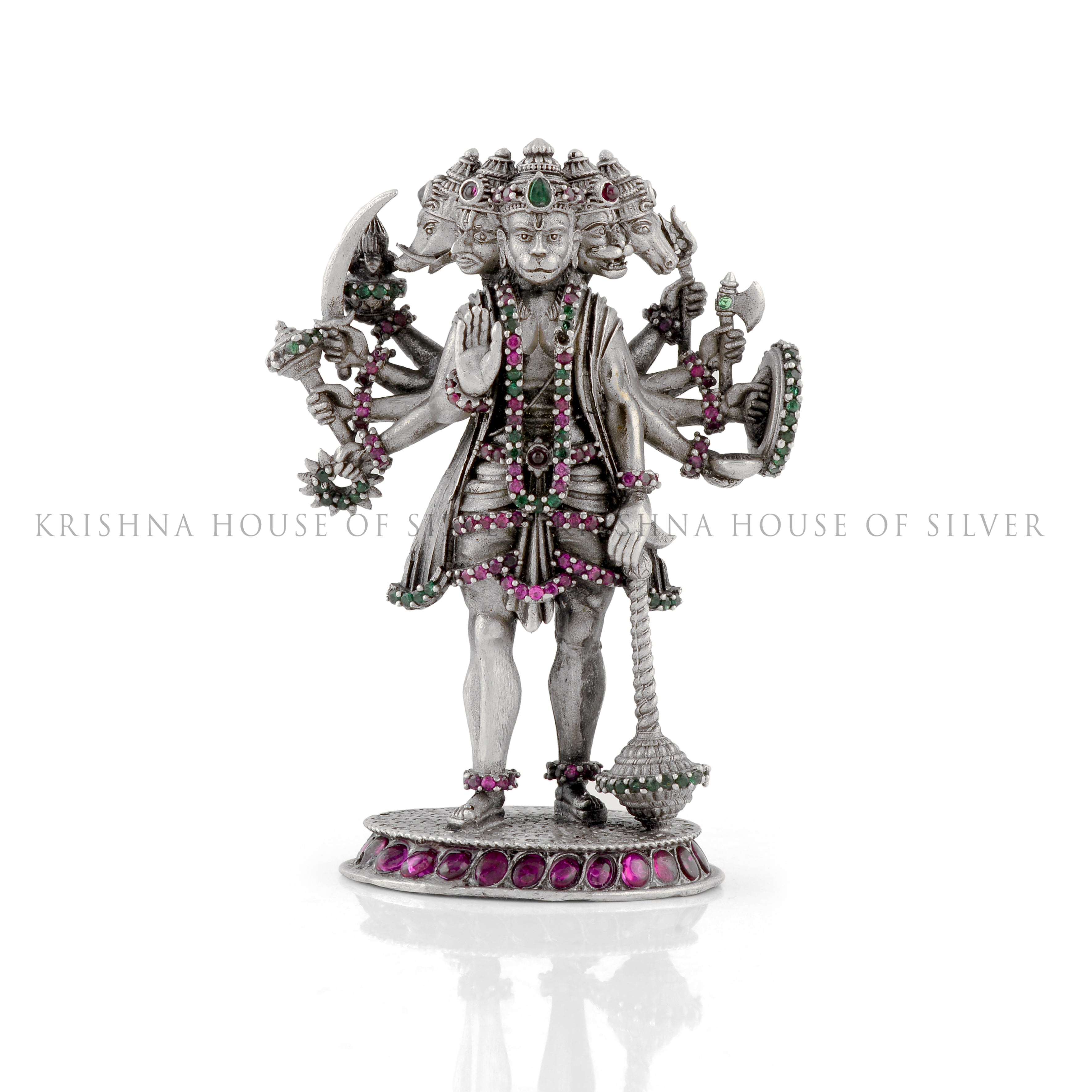 Panchmukhi Hanuman Idol in Silver - Jeweled & Powerful