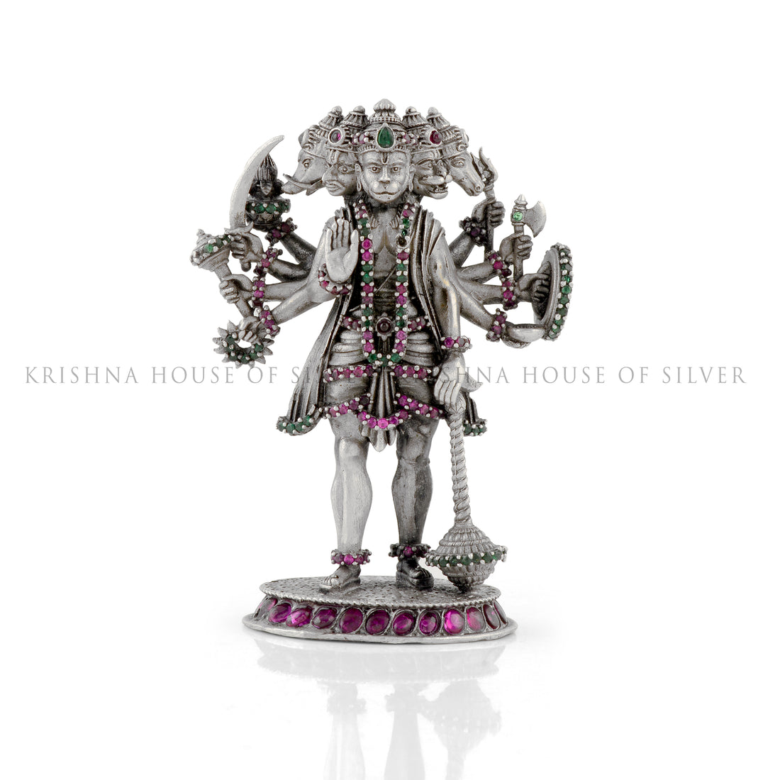 Panchmukhi Hanuman Idol in Silver - Jeweled & Powerful
