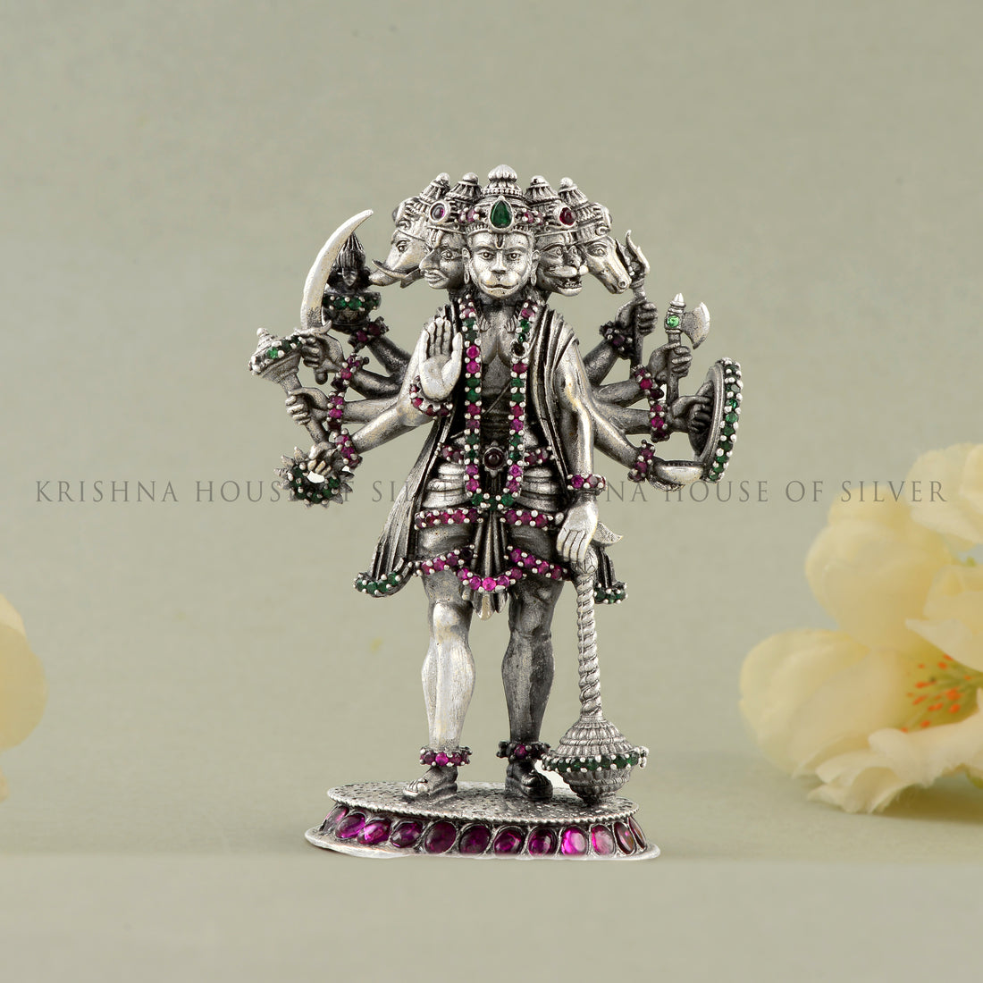 Panchmukhi Hanuman Idol in Silver - Jeweled & Powerful