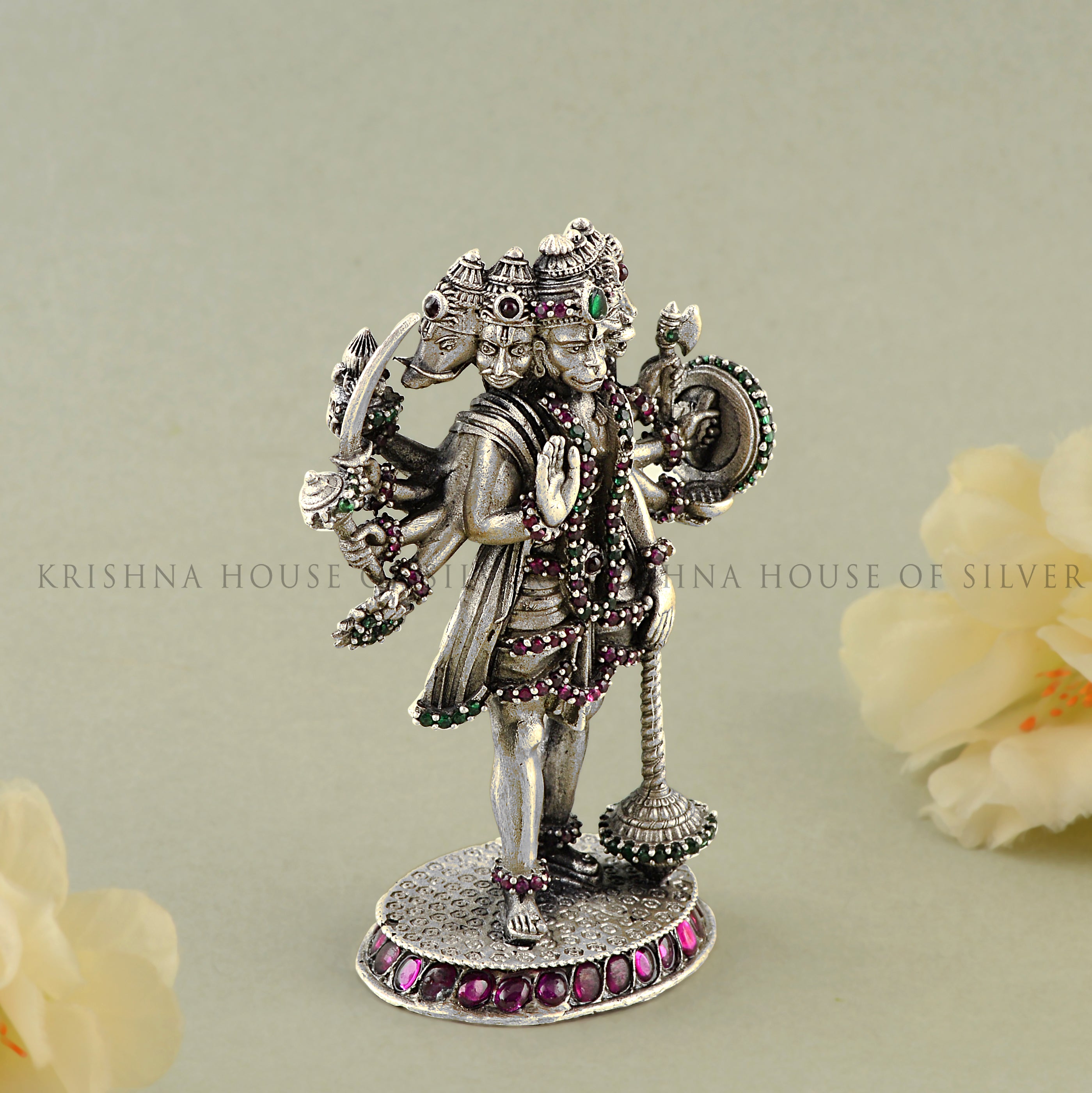 Panchmukhi Hanuman Idol in Silver - Jeweled & Powerful