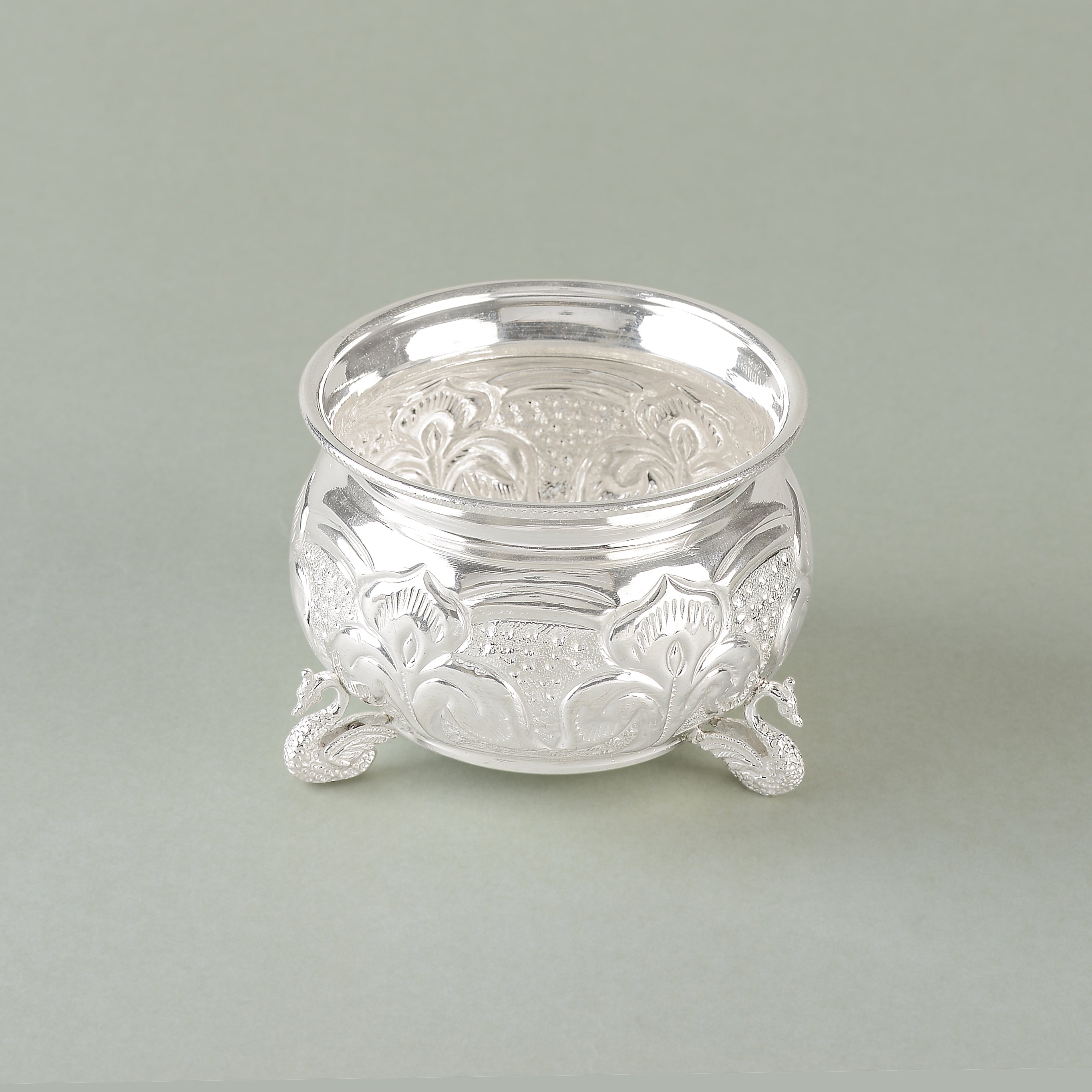 Silver Bowl Crafted with Hamsa and Leaf Design