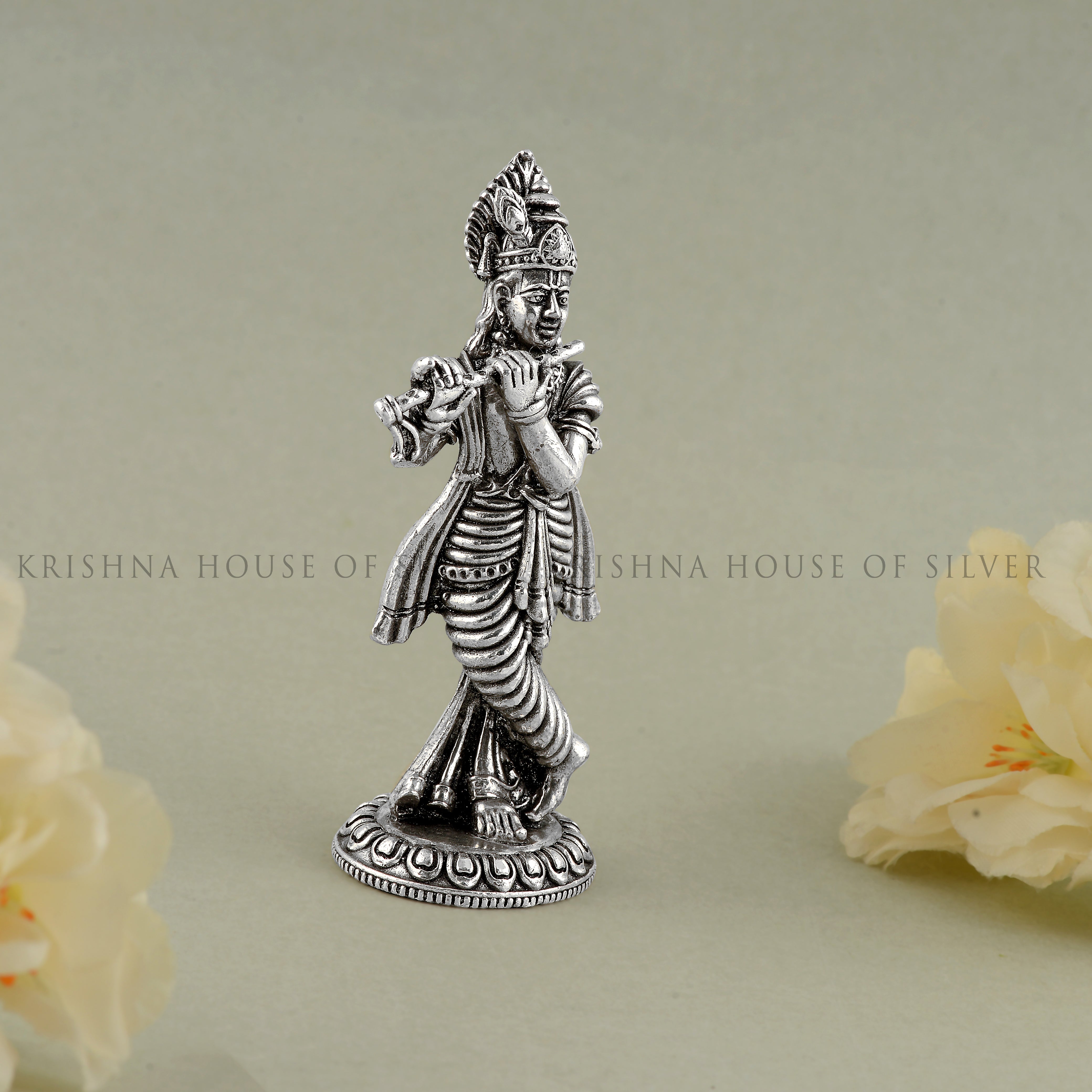Silver Krishna Idol Playing Flute - Standing Murti