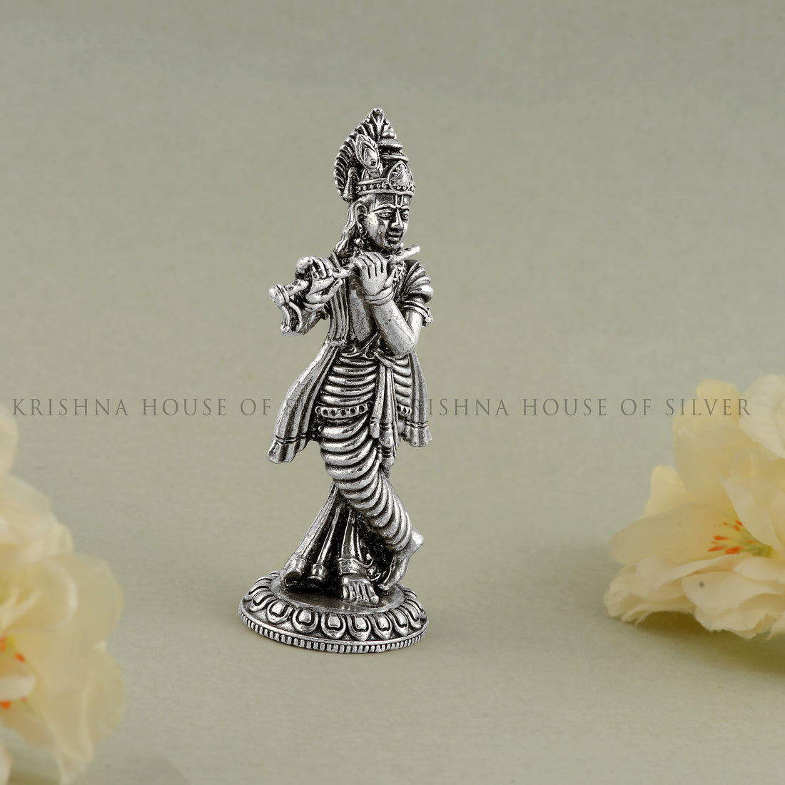 Silver Krishna Idol Playing Flute - Standing Murti