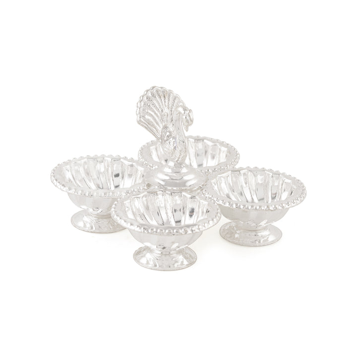 Set of 4 Pure Silver Kumkum and Haldi Bowls with Peacock Design