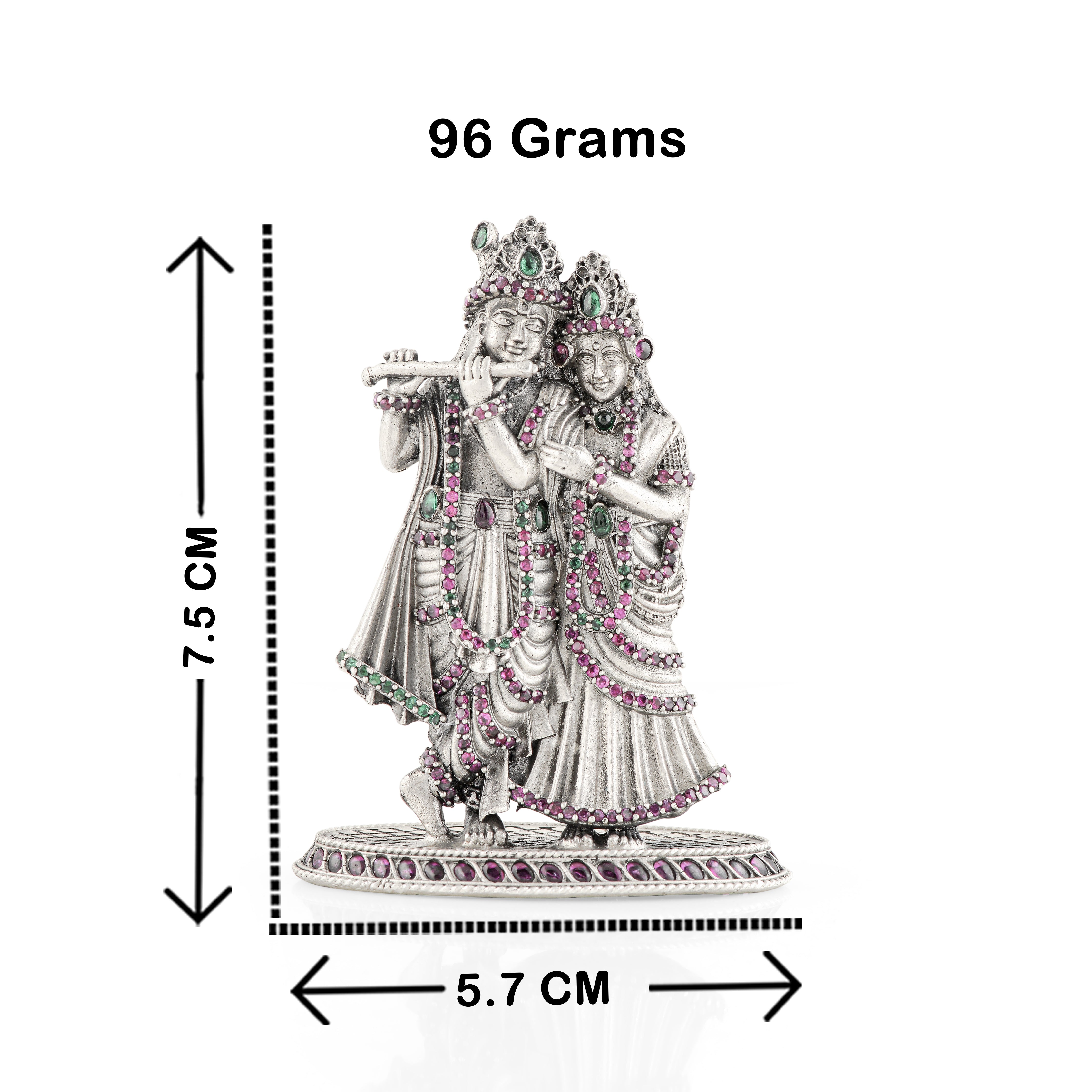 Silver Radha Krishna gleaming with ruby and emerald grace.