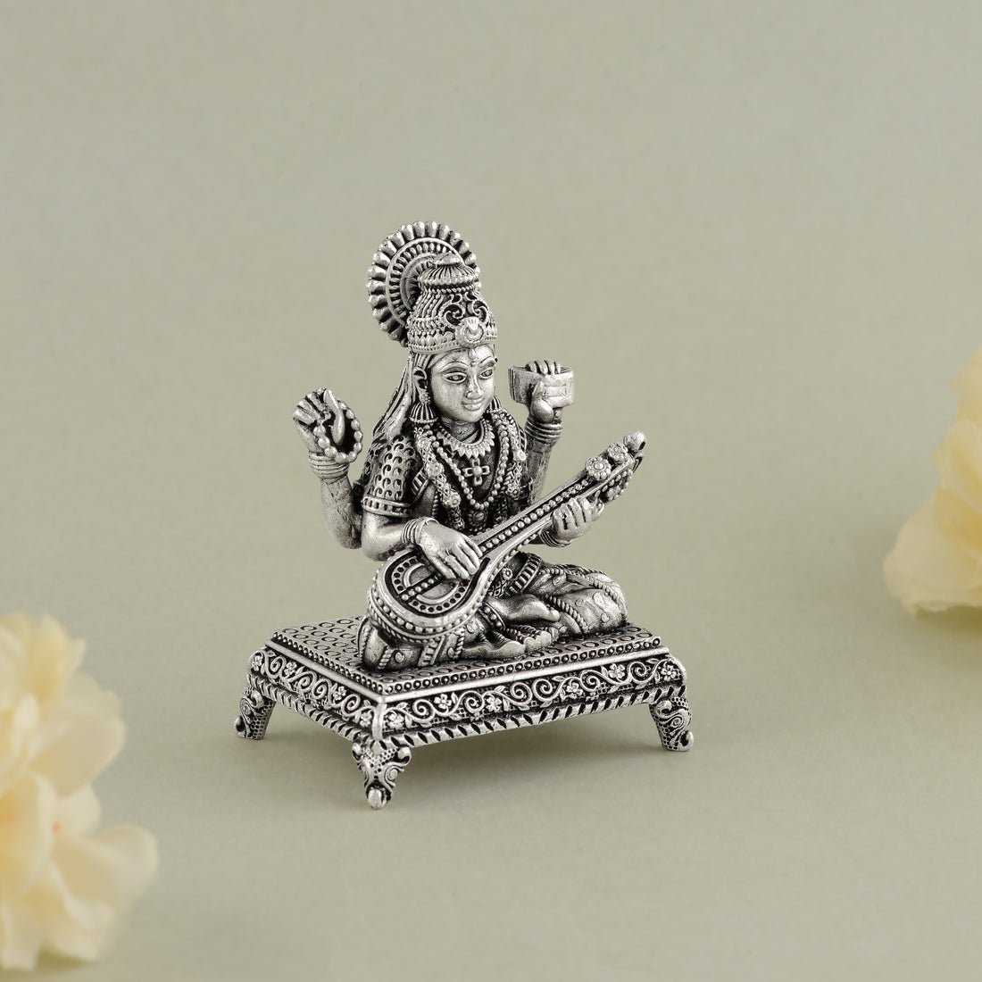 92.5 Sterling Silver Saraswati Idol with Veena - Handcrafted