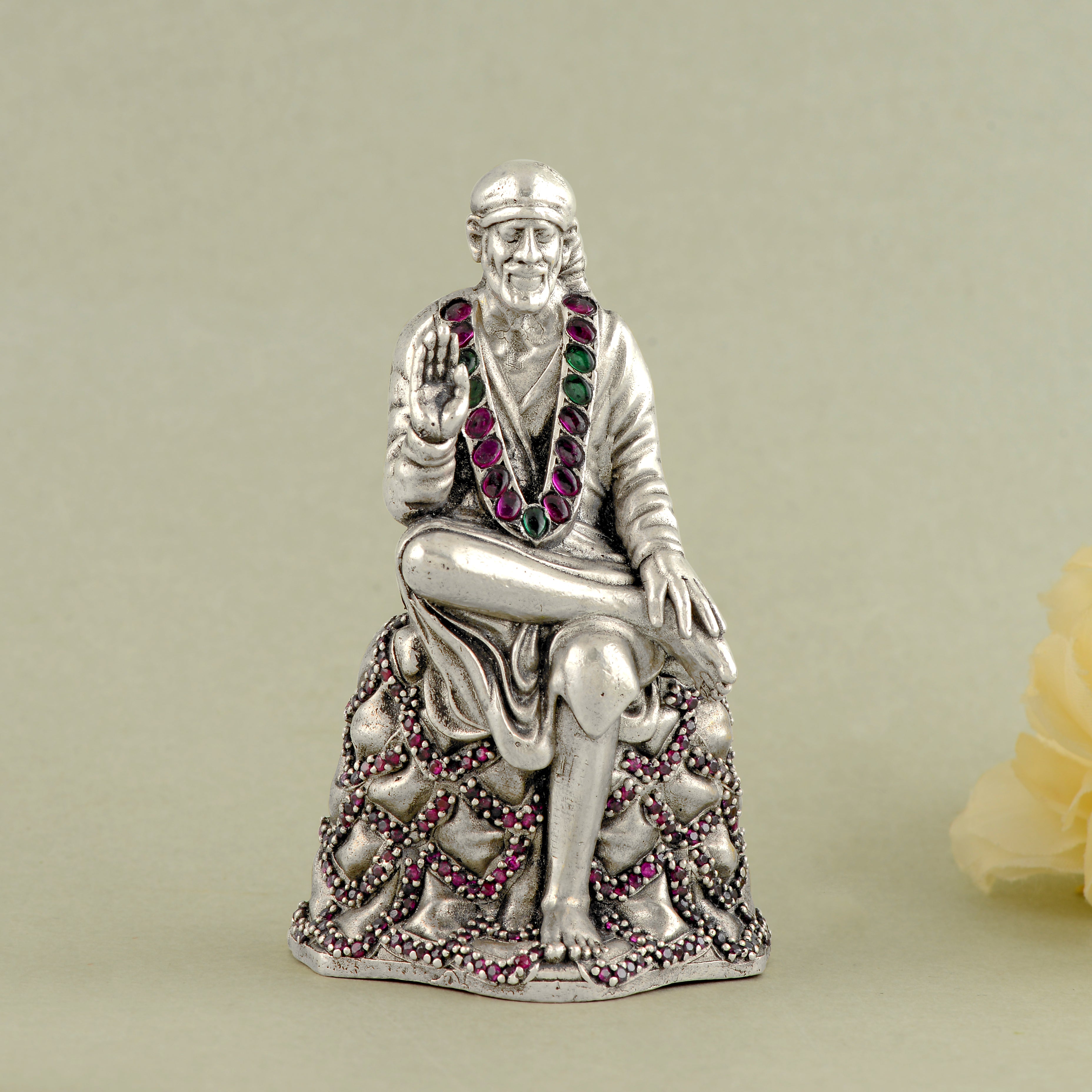 Silver Sai Baba Idol - Jeweled Garland, Ornate Details
