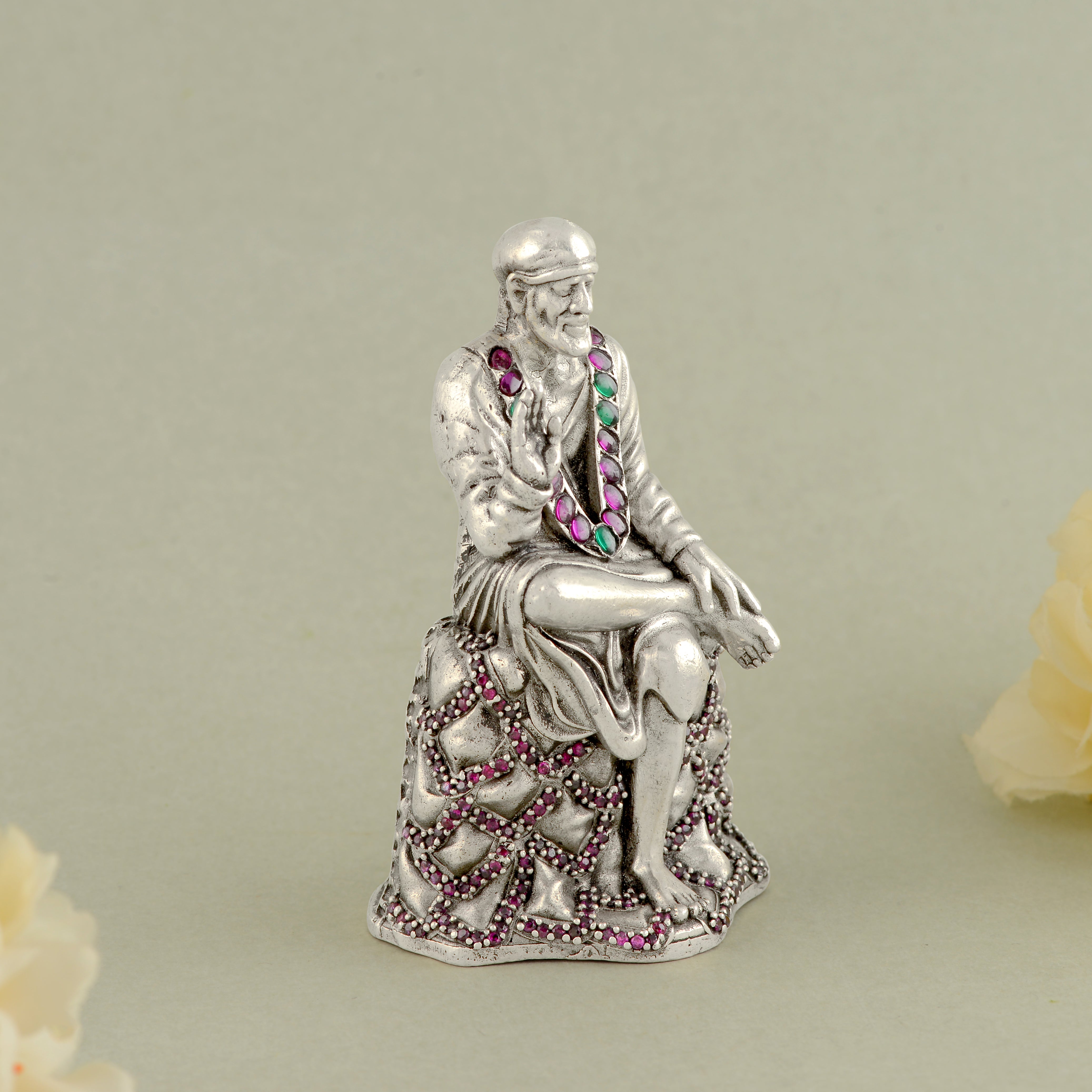 Silver Sai Baba Idol - Jeweled Garland, Ornate Details