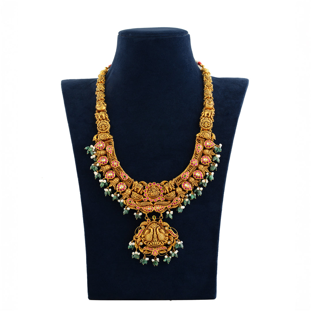 Gold Lakshmi Devi & Elephant Design Necklace Temple Jewelry Collection
